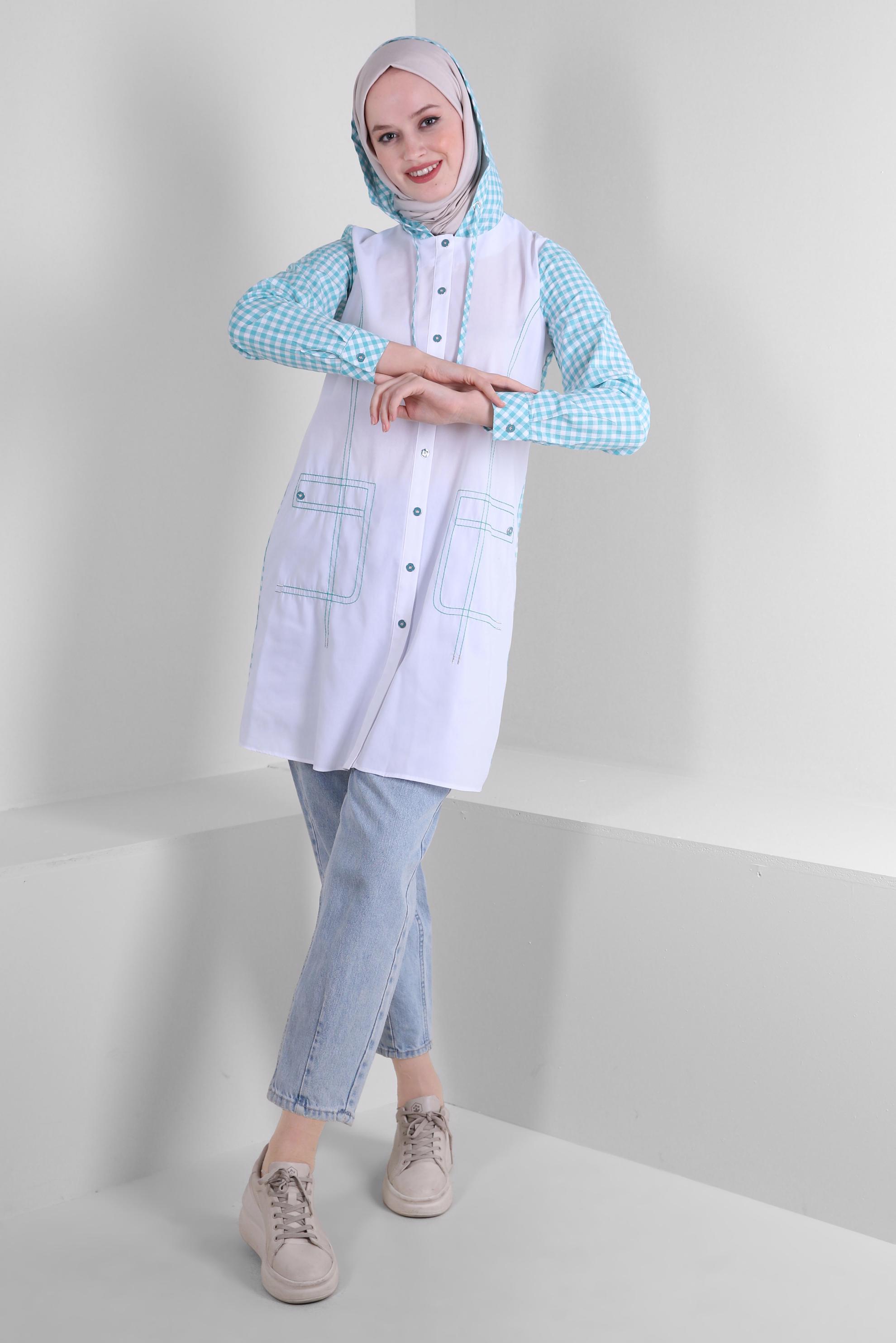 Tesettür giyim MAVİ PÖTİKARE DESENLİ KAPÜŞONLU DÜĞMELİ TUNİK 43678