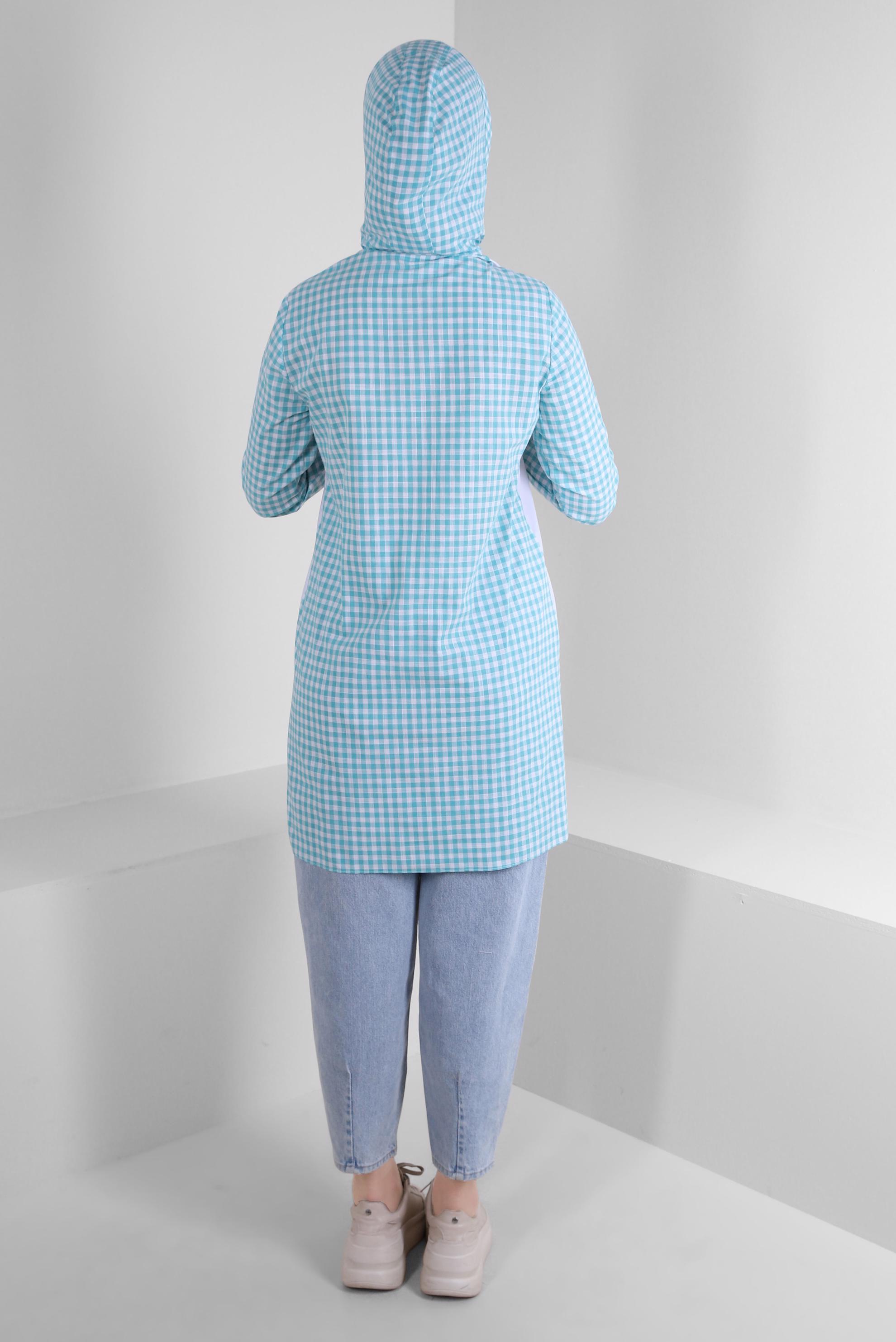 Tesettür giyim MAVİ PÖTİKARE DESENLİ KAPÜŞONLU DÜĞMELİ TUNİK 43678