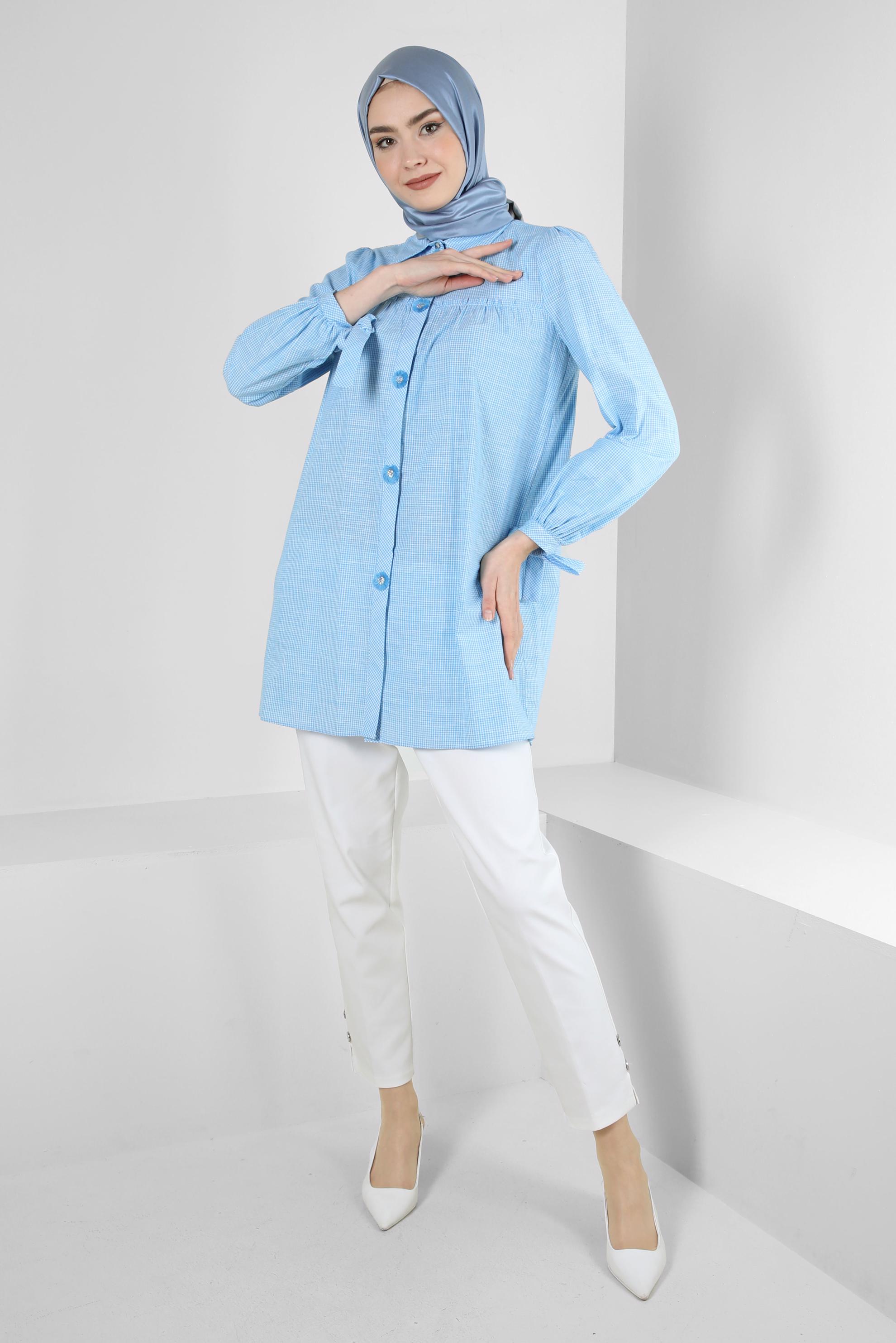 Tesettür giyim MAVİ EKOSE DESENLİ PUL DETAYLI GÖMLEK TUNİK 43679