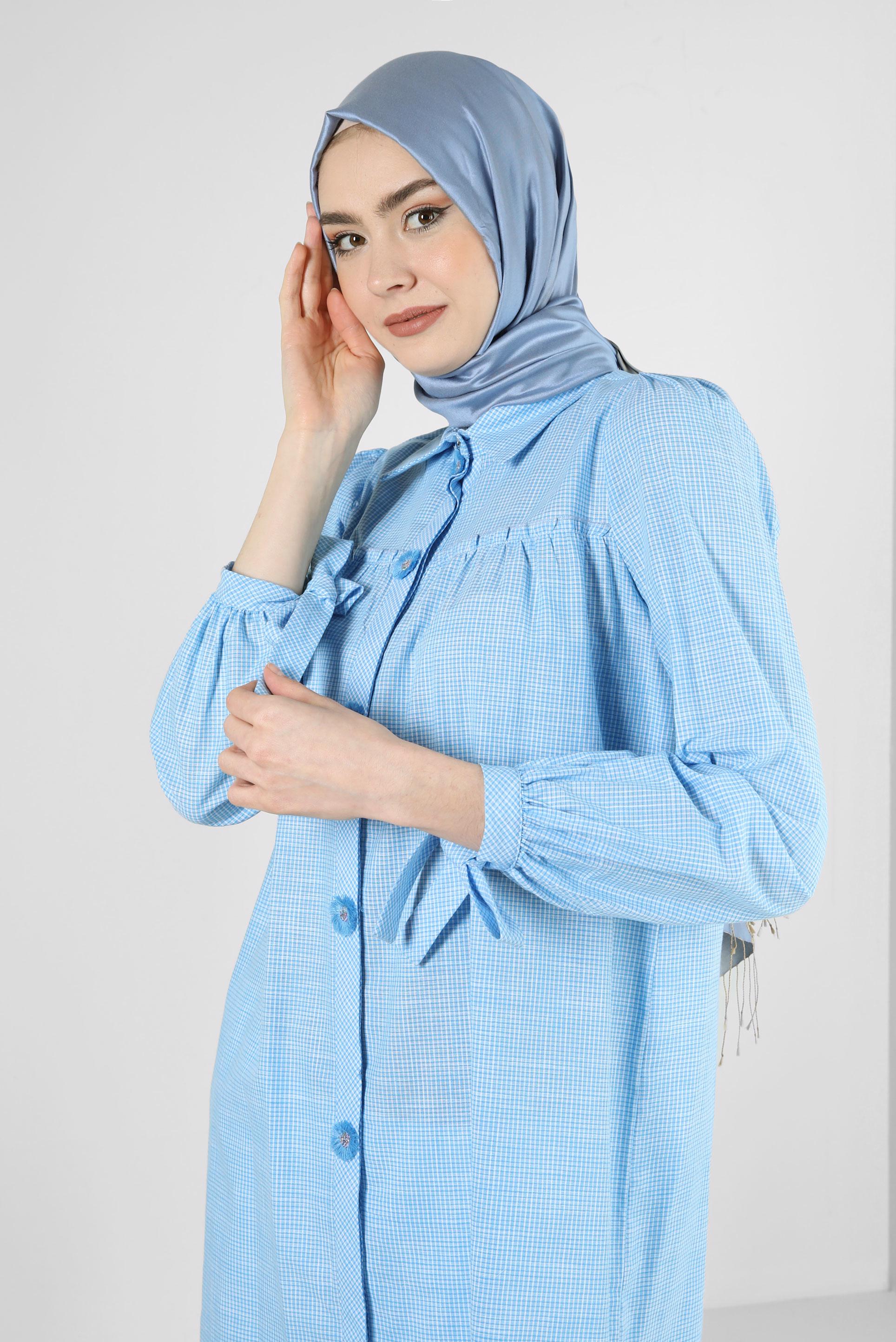 Tesettür giyim MAVİ EKOSE DESENLİ PUL DETAYLI GÖMLEK TUNİK 43679