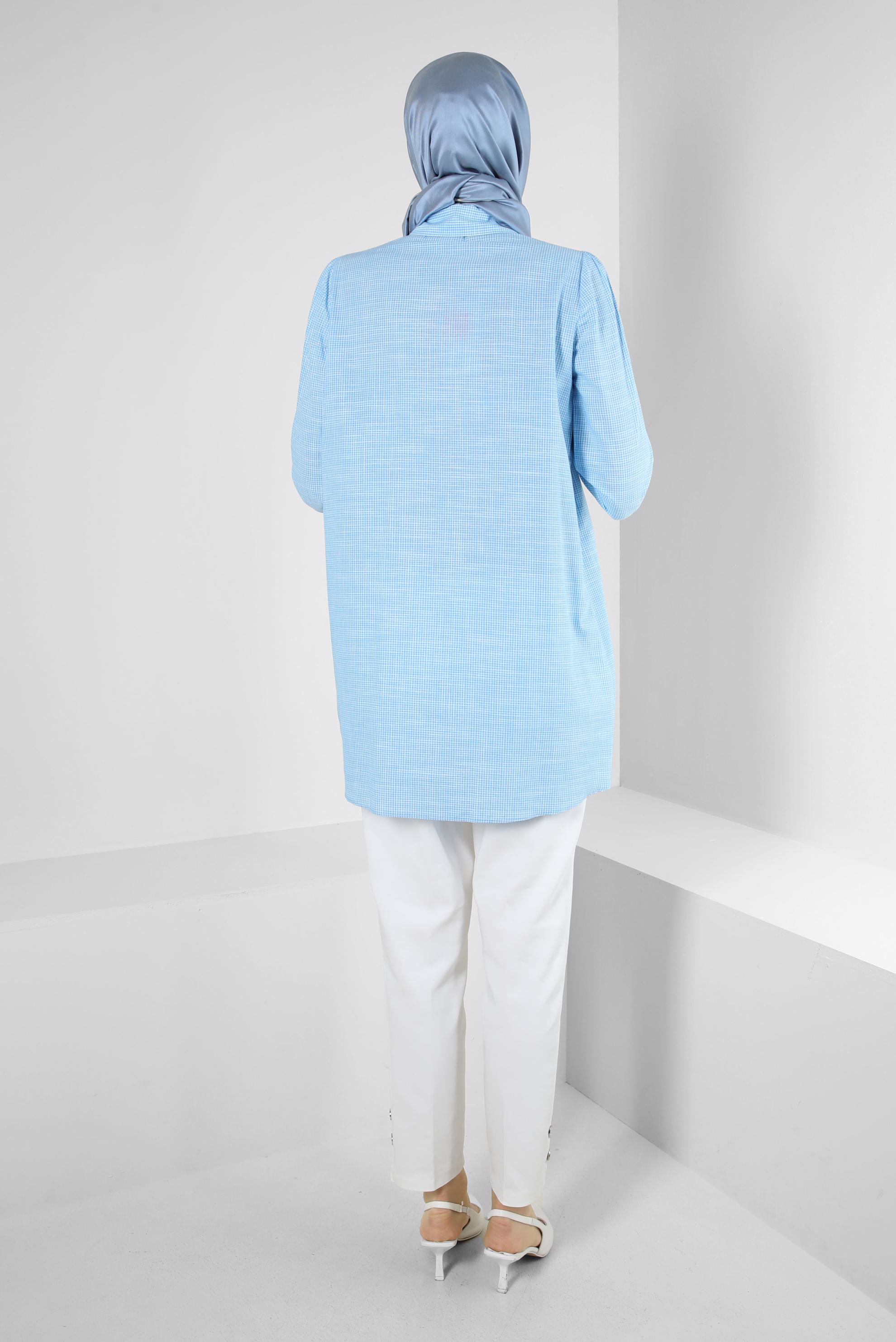 Tesettür giyim MAVİ EKOSE DESENLİ PUL DETAYLI GÖMLEK TUNİK 43679