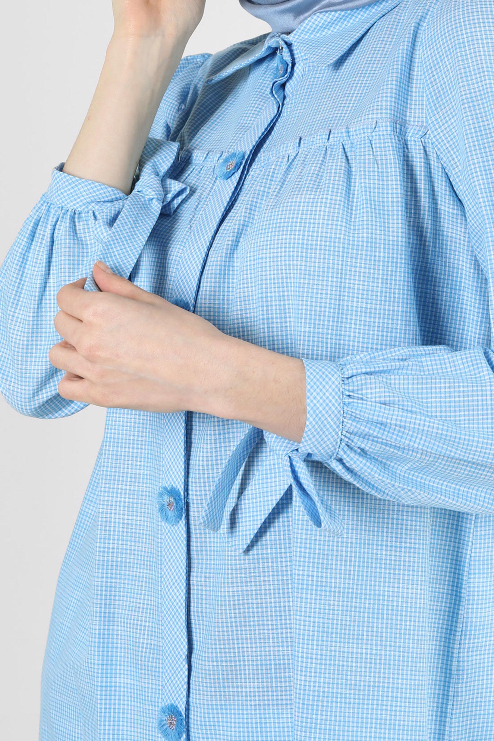 Tesettür giyim MAVİ EKOSE DESENLİ PUL DETAYLI GÖMLEK TUNİK 43679