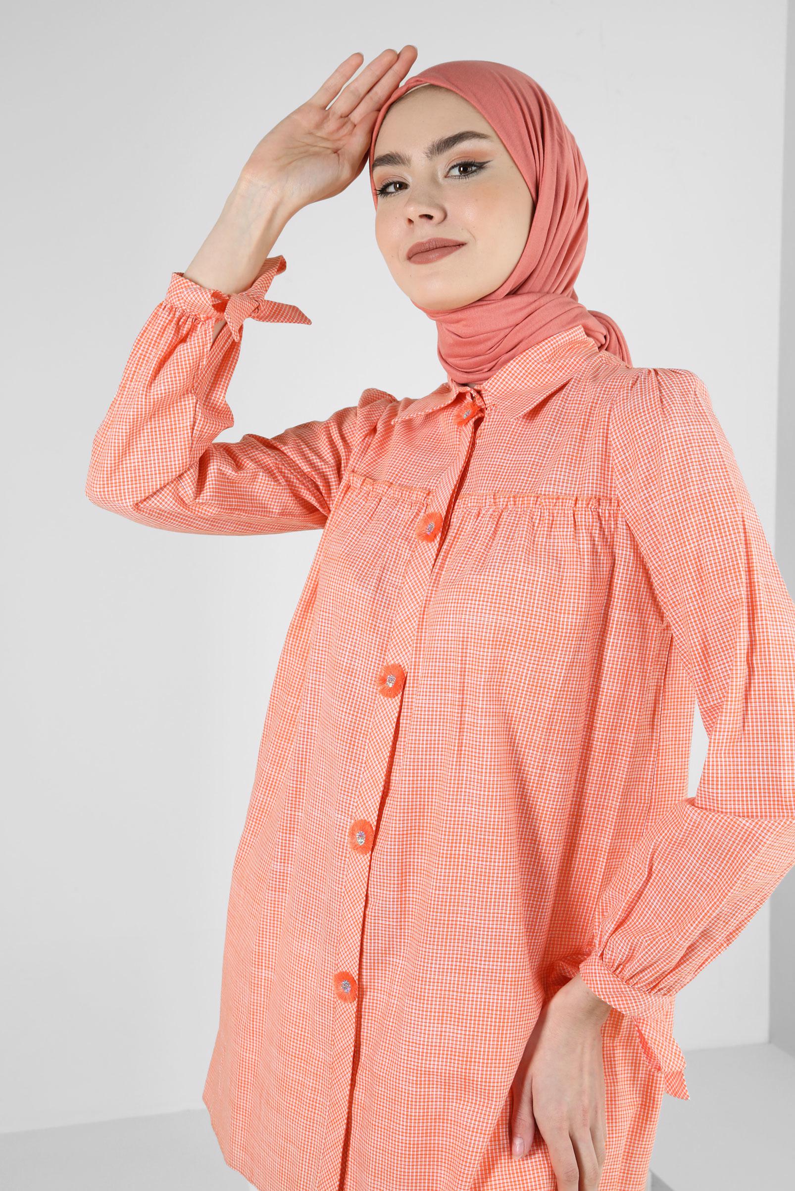 Tesettür giyim TURUNCU EKOSE DESENLİ PUL DETAYLI GÖMLEK TUNİK 43679