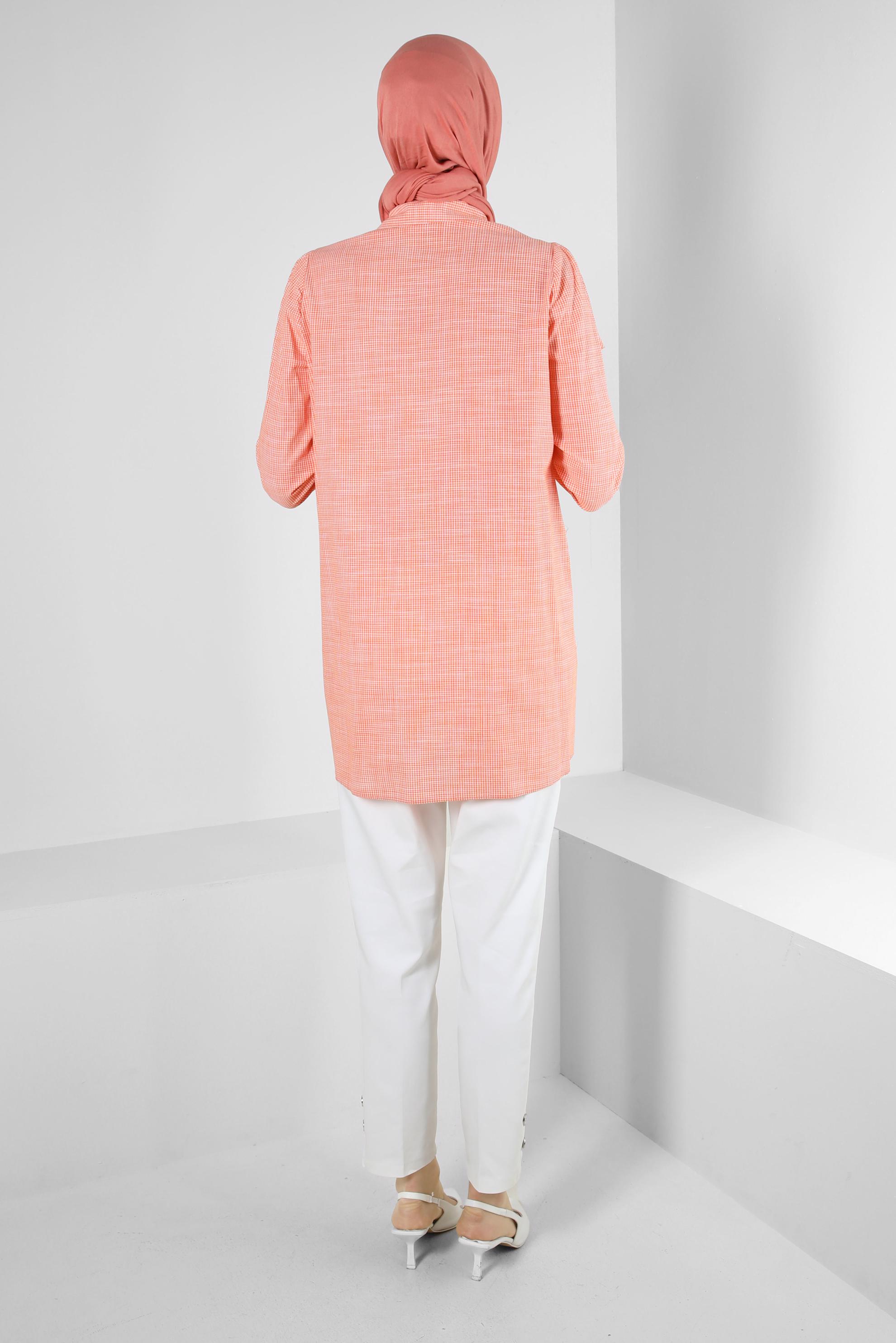 Tesettür giyim TURUNCU EKOSE DESENLİ PUL DETAYLI GÖMLEK TUNİK 43679