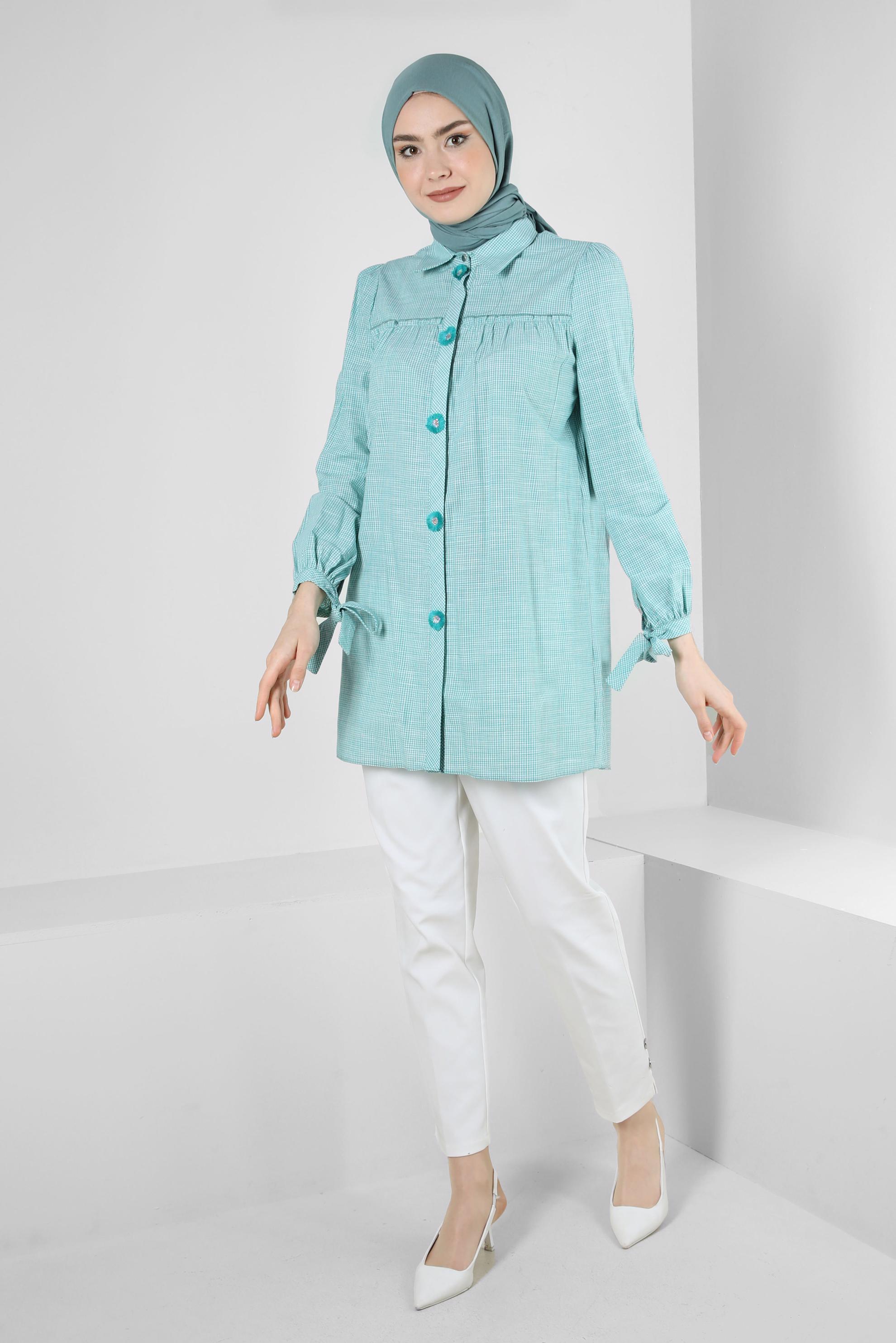 Tesettür giyim MAVİ EKOSE DESENLİ PUL DETAYLI GÖMLEK TUNİK 43679