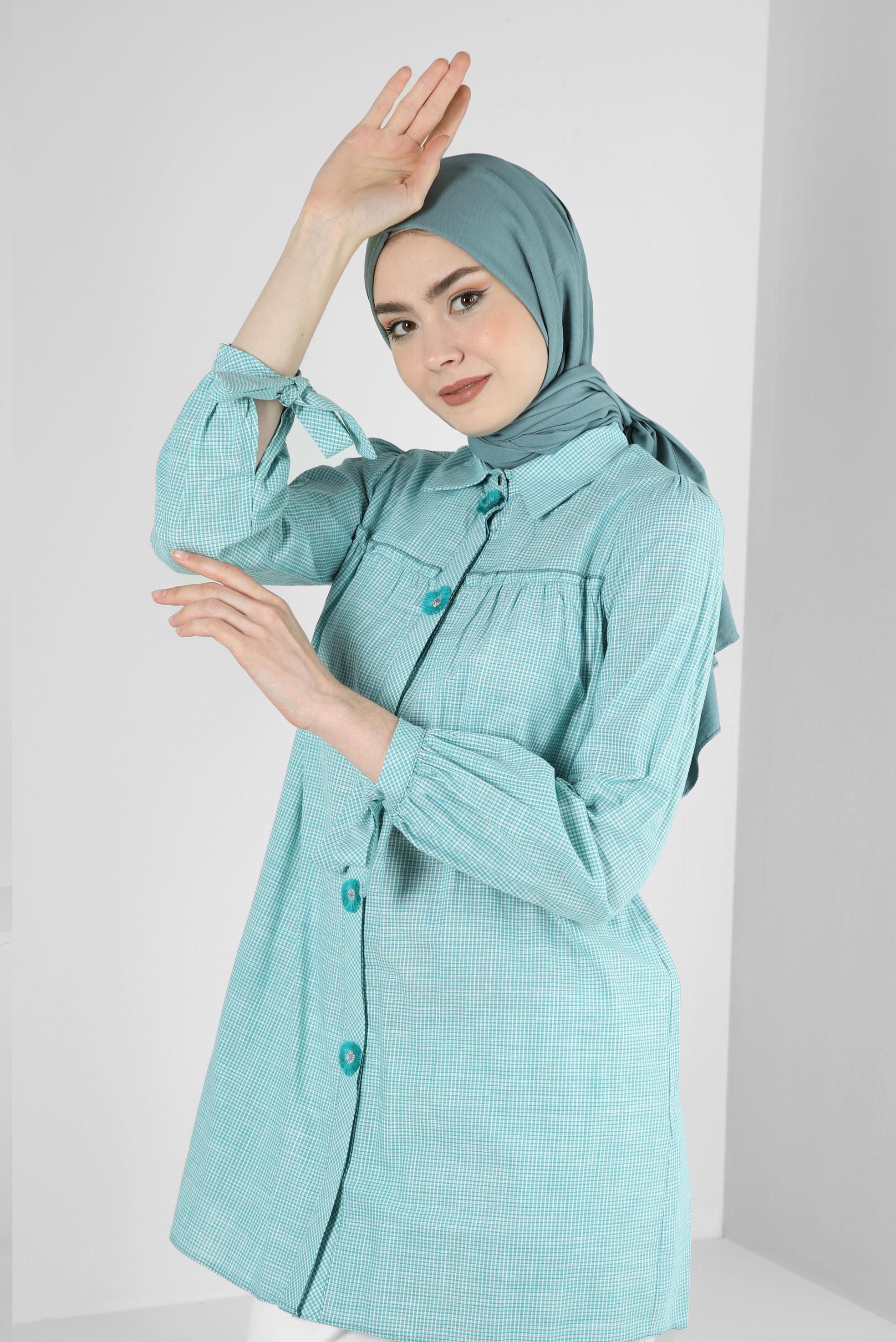 Tesettür giyim MAVİ EKOSE DESENLİ PUL DETAYLI GÖMLEK TUNİK 43679