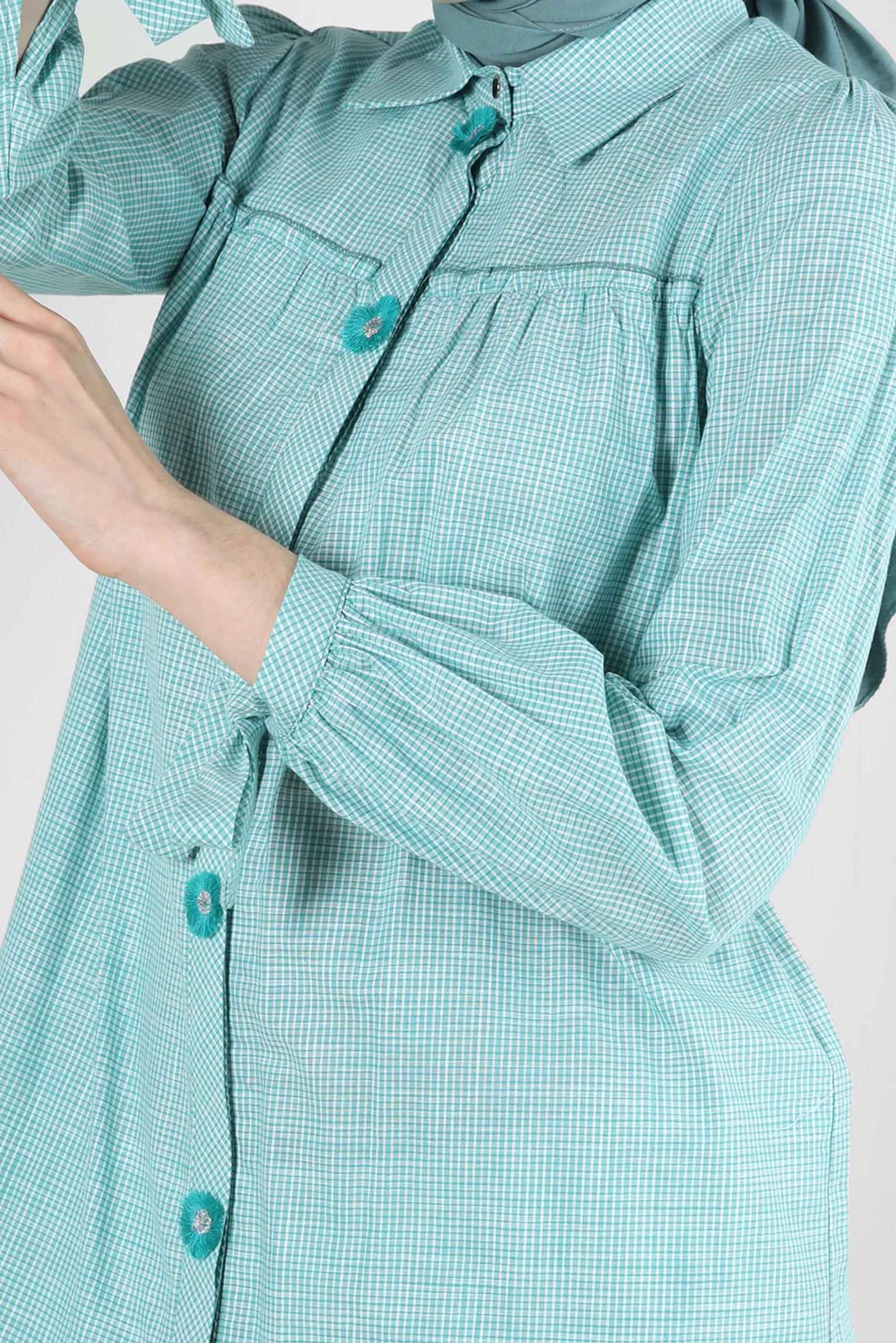 Tesettür giyim MAVİ EKOSE DESENLİ PUL DETAYLI GÖMLEK TUNİK 43679