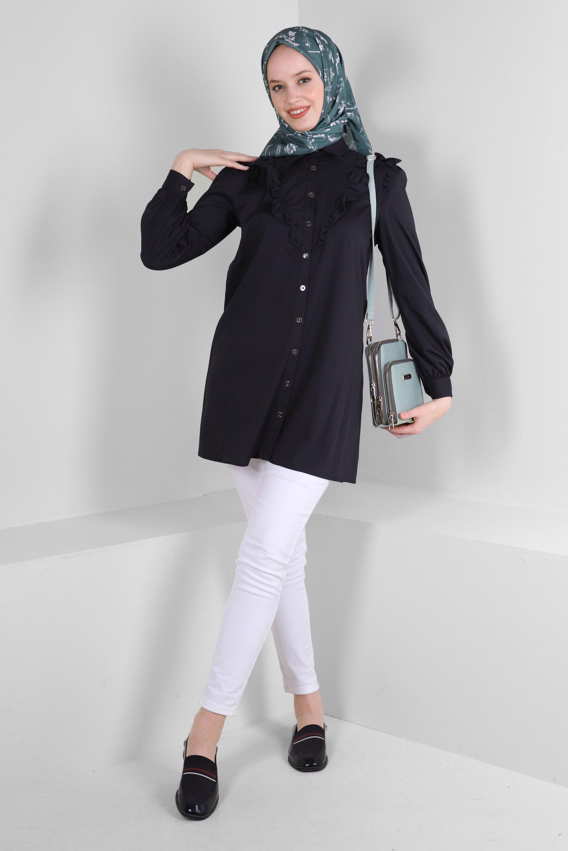 Tesettür giyim SİYAH FIRFIR DETAYLI GÖMLEK TUNİK 43680