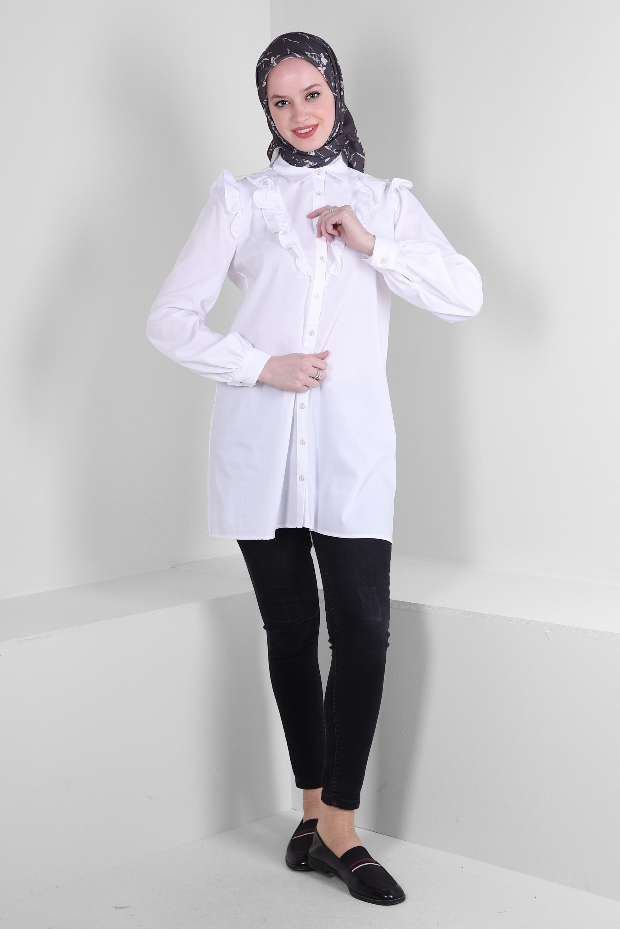 Tesettür giyim BEYAZ FIRFIR DETAYLI GÖMLEK TUNİK 43680