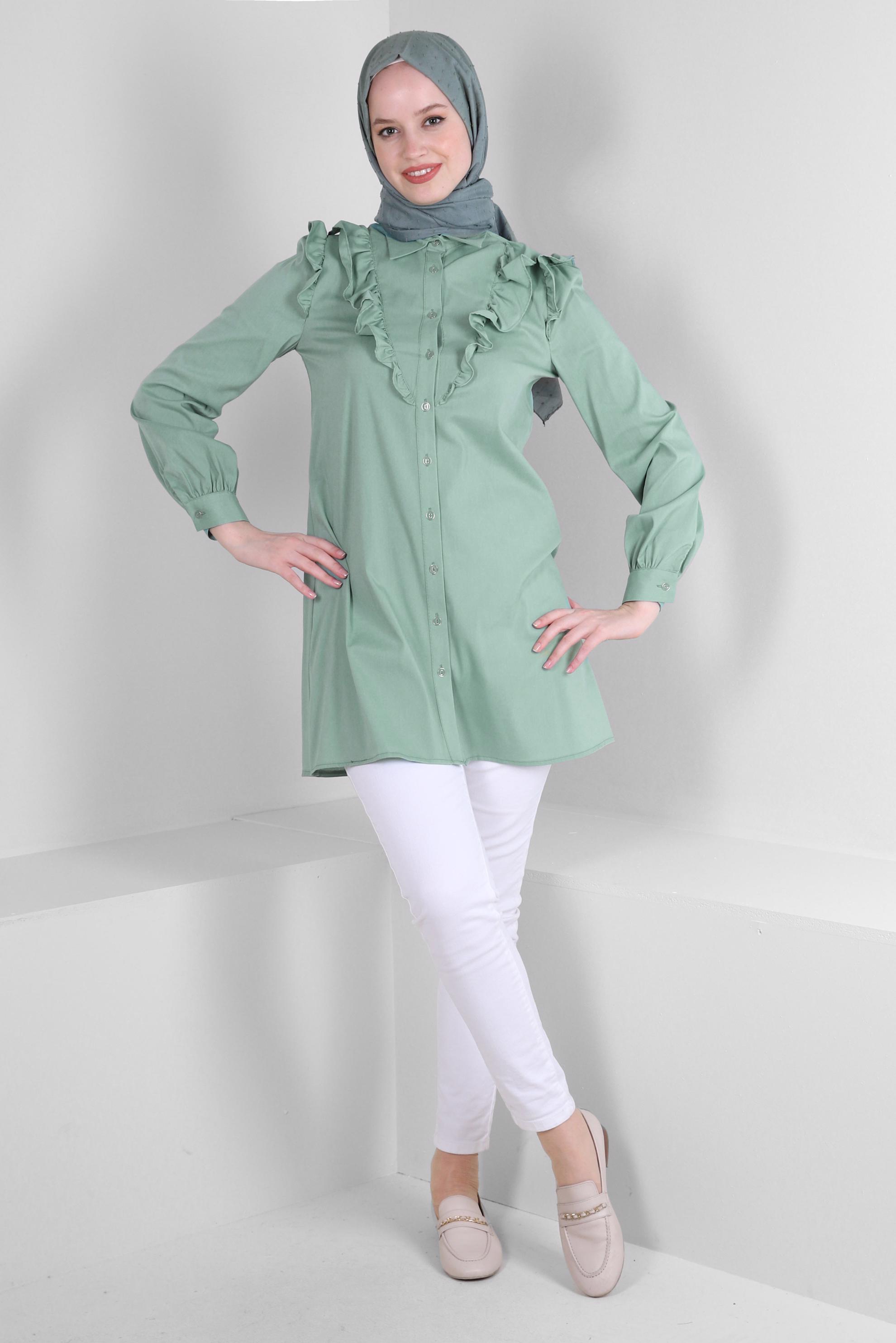 Tesettür giyim YEŞİL FIRFIR DETAYLI GÖMLEK TUNİK 43680