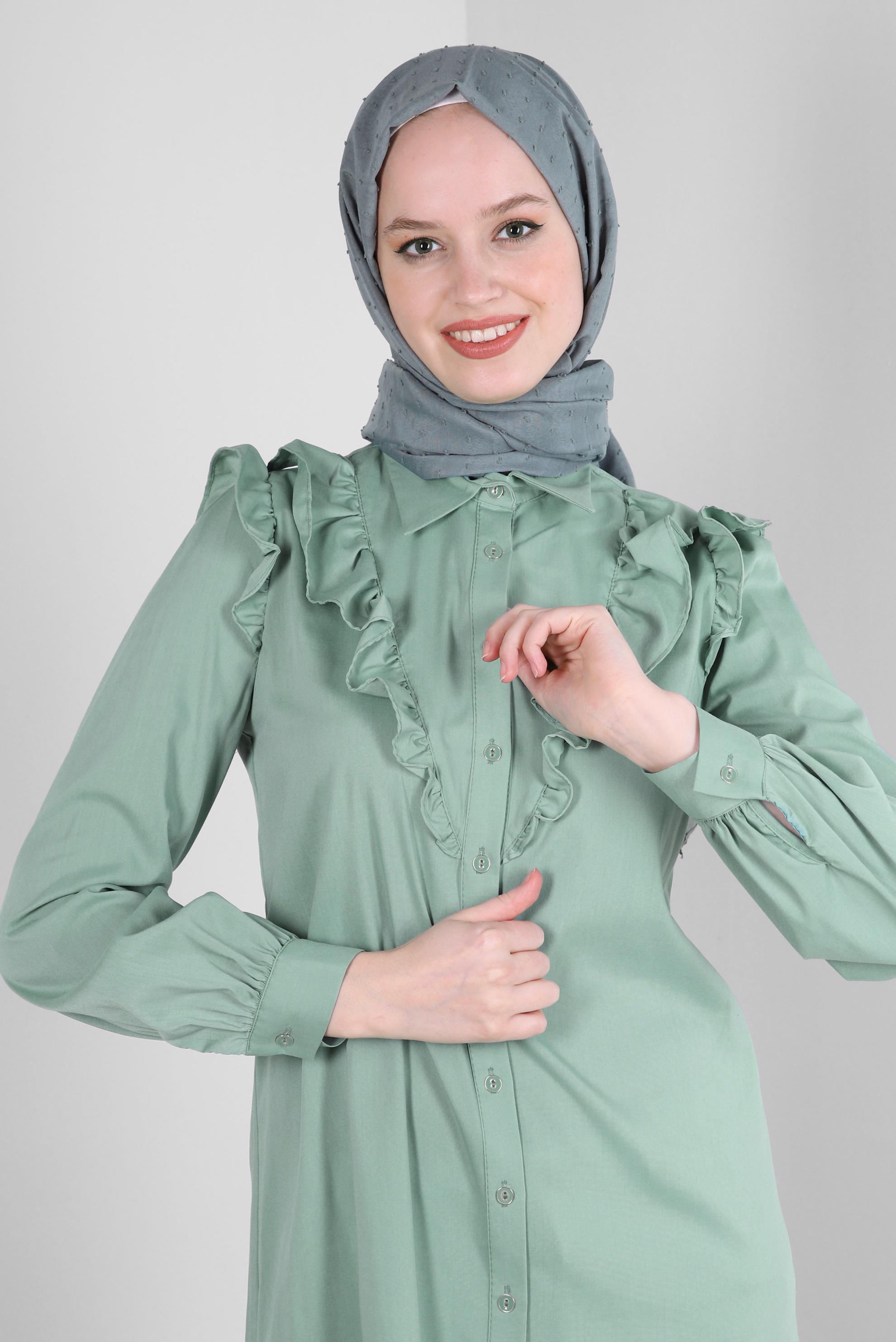 Tesettür giyim YEŞİL FIRFIR DETAYLI GÖMLEK TUNİK 43680