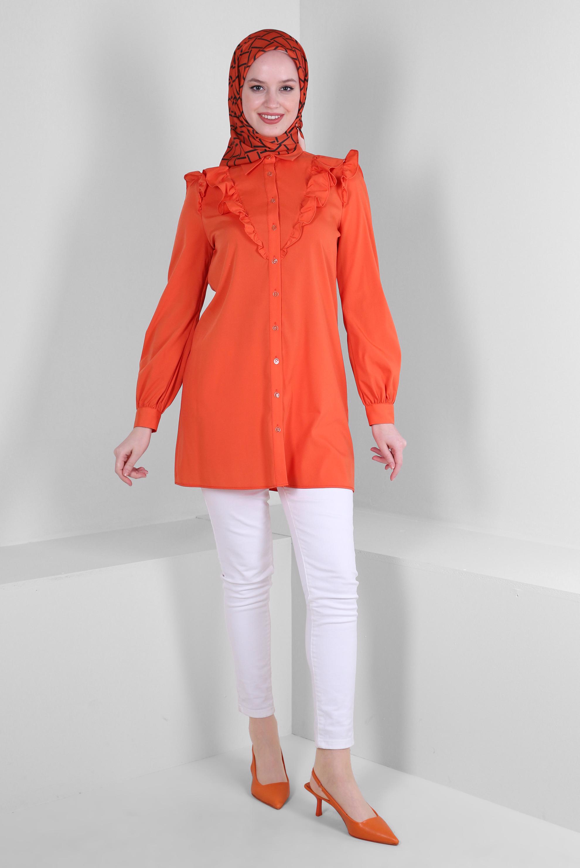 Tesettür giyim TURUNCU FIRFIR DETAYLI GÖMLEK TUNİK 43680