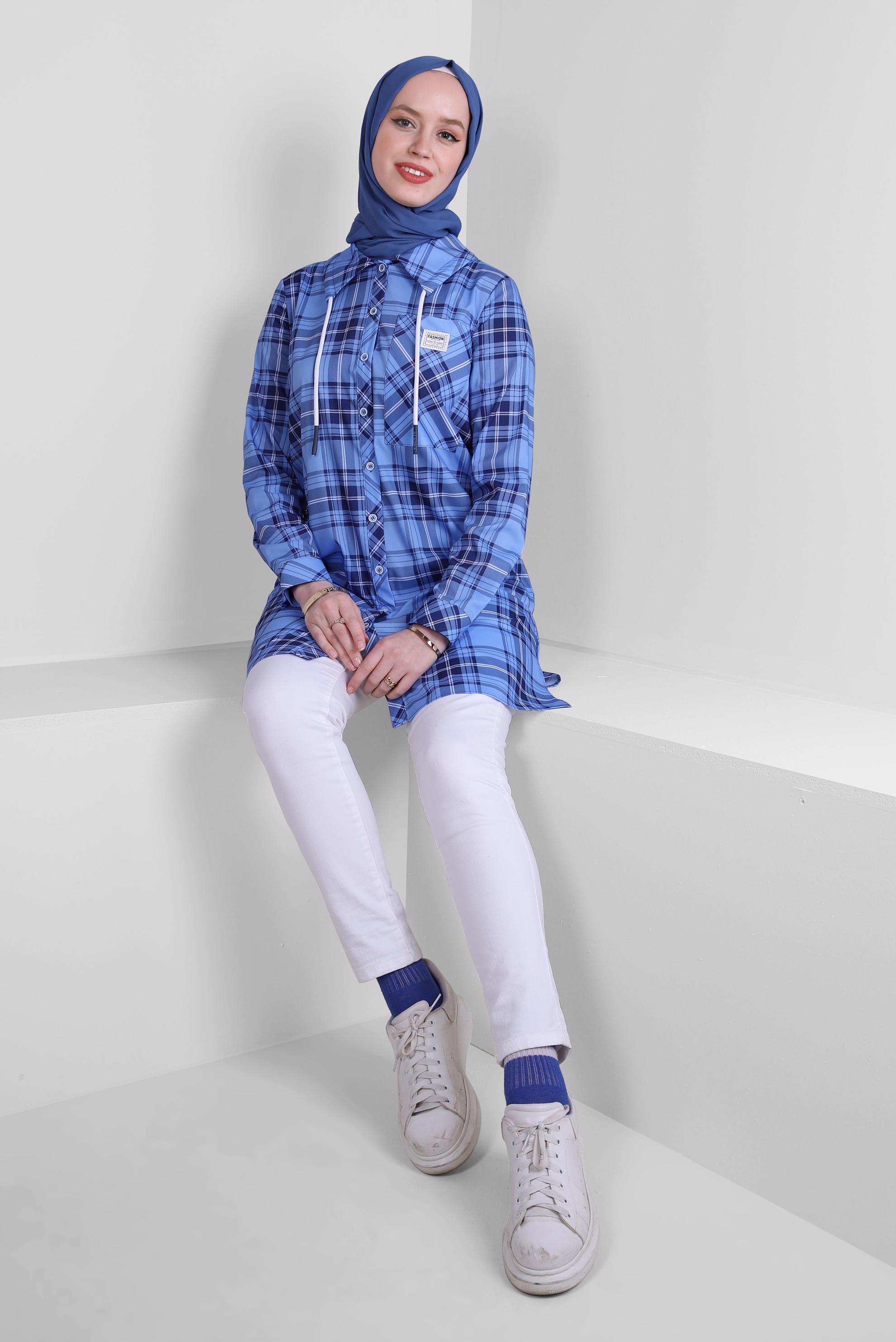 Tesettür giyim MAVİ EKOSE DESENLİ YAKASI BAĞCIKLI GÖMLEK TUNİK 43702 