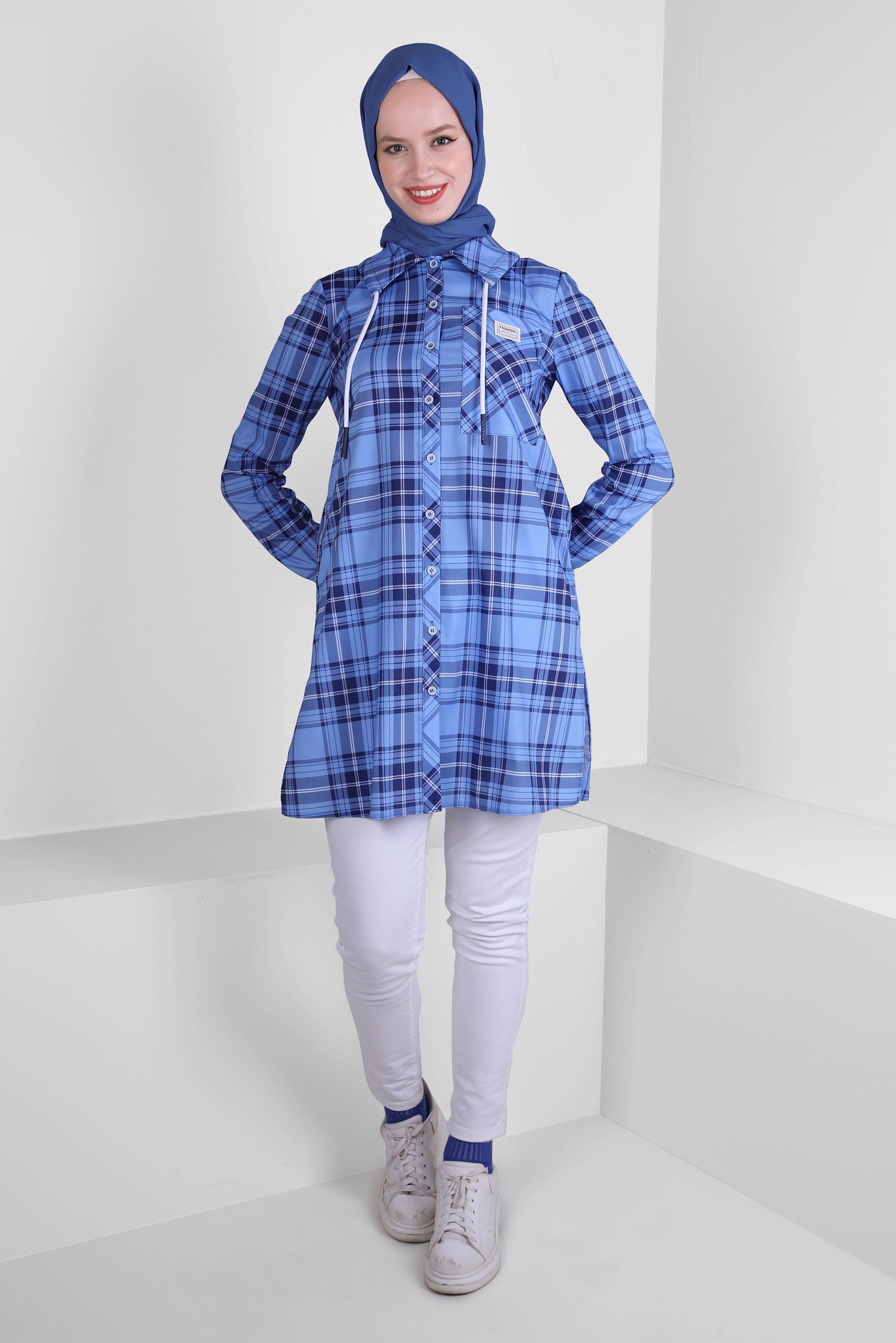 Tesettür giyim MAVİ EKOSE DESENLİ YAKASI BAĞCIKLI GÖMLEK TUNİK 43702 