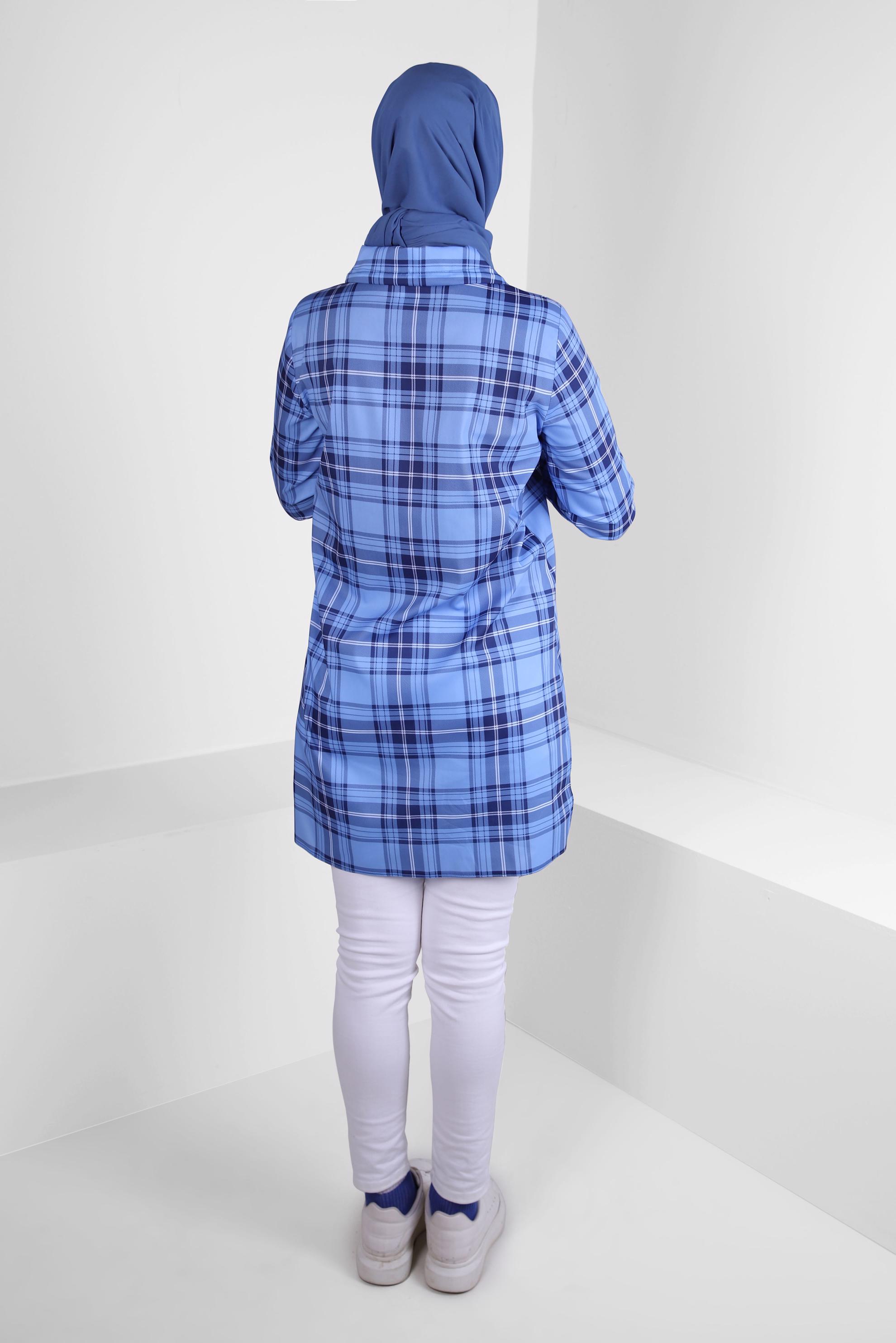 Tesettür giyim MAVİ EKOSE DESENLİ YAKASI BAĞCIKLI GÖMLEK TUNİK 43702 