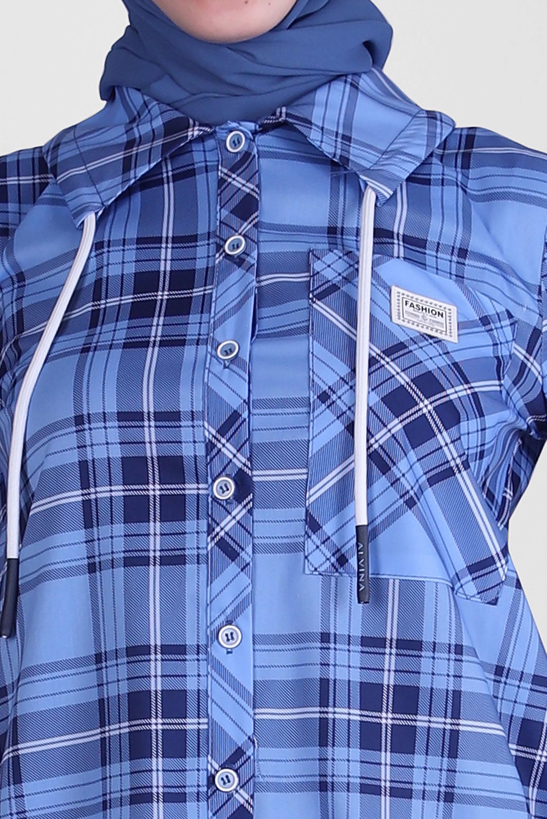 Tesettür giyim MAVİ EKOSE DESENLİ YAKASI BAĞCIKLI GÖMLEK TUNİK 43702 