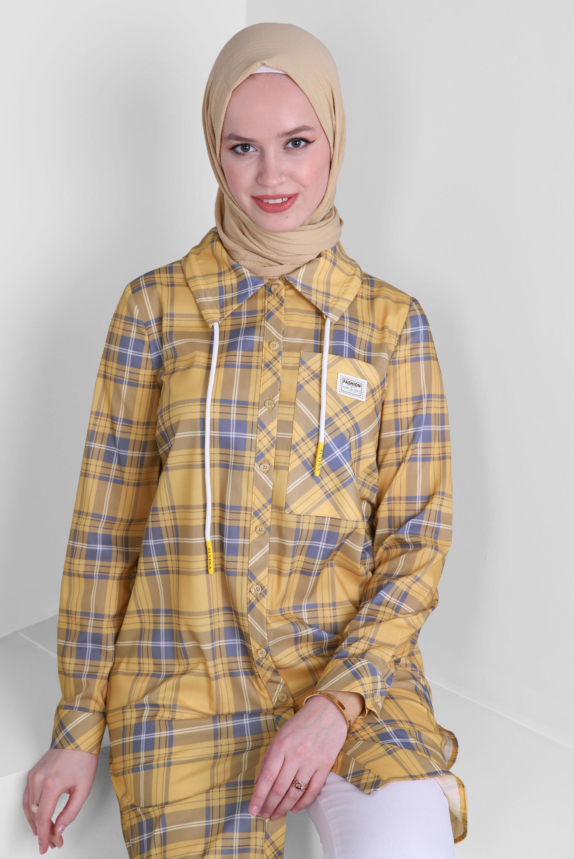 Tesettür giyim SARI EKOSE DESENLİ YAKASI BAĞCIKLI GÖMLEK TUNİK 43702 