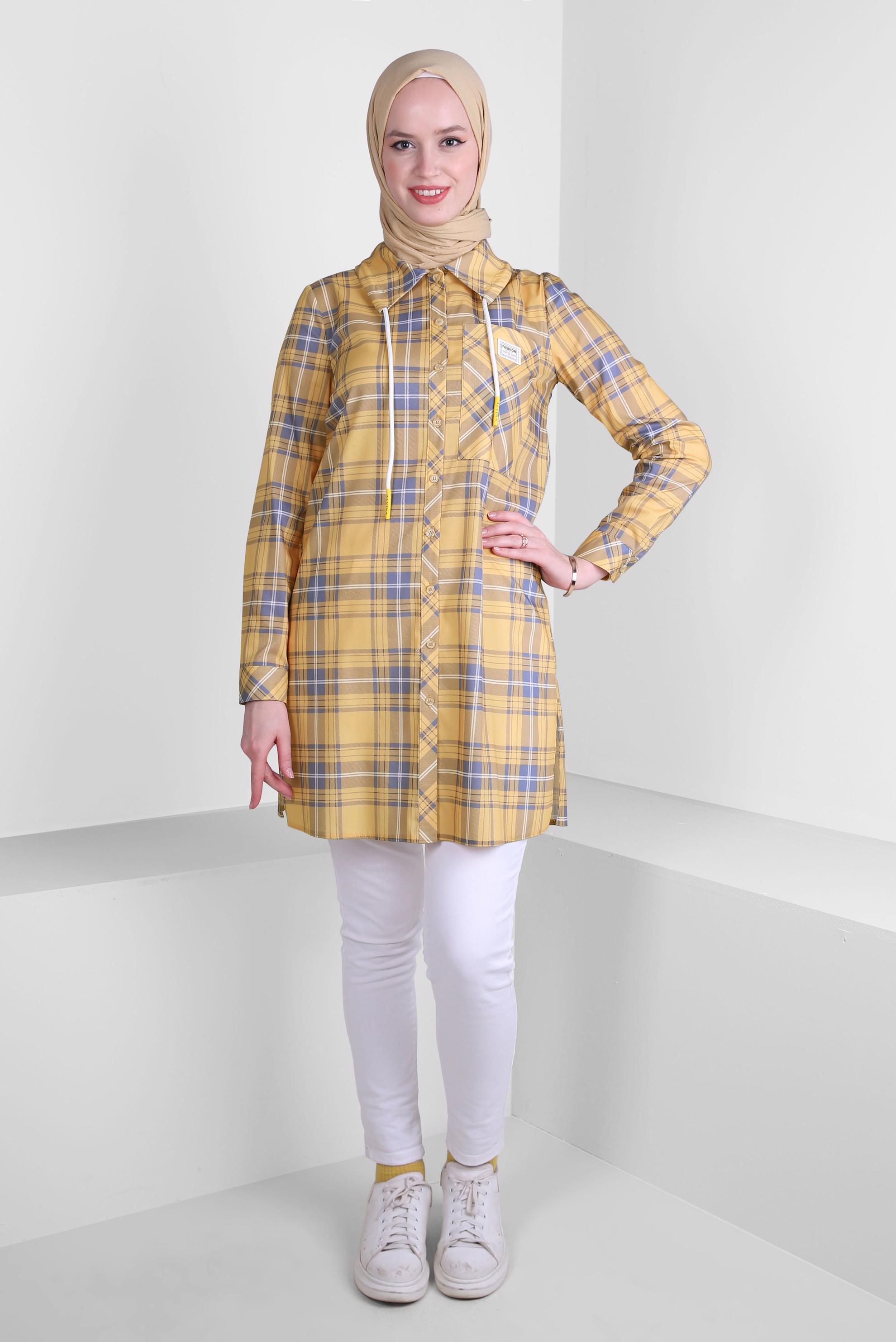 Tesettür giyim SARI EKOSE DESENLİ YAKASI BAĞCIKLI GÖMLEK TUNİK 43702 