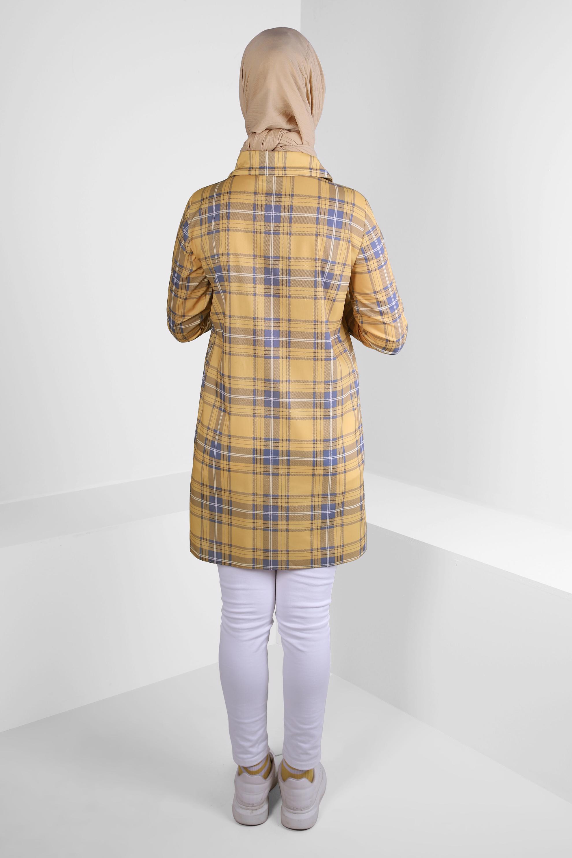 Tesettür giyim SARI EKOSE DESENLİ YAKASI BAĞCIKLI GÖMLEK TUNİK 43702 