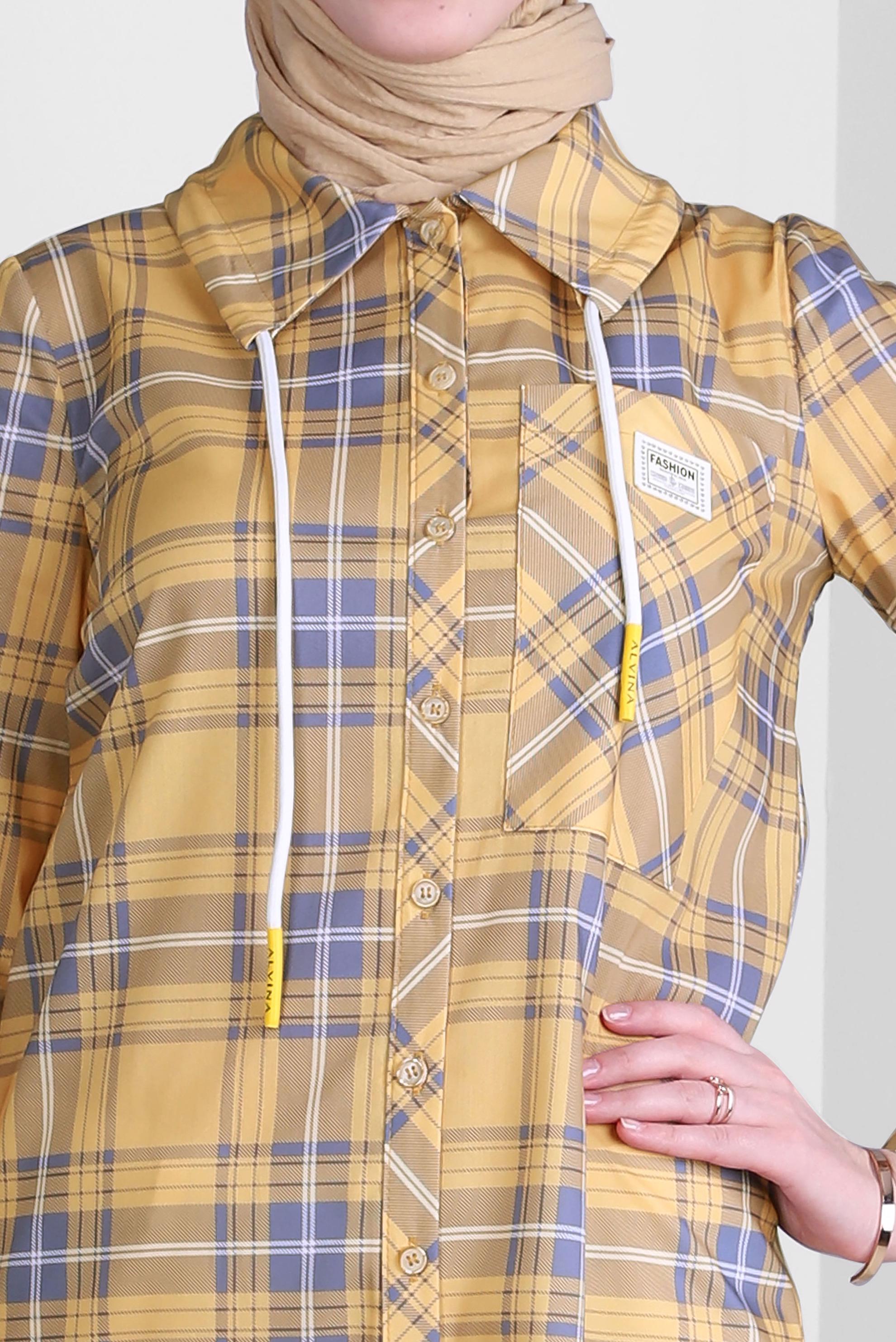 Tesettür giyim SARI EKOSE DESENLİ YAKASI BAĞCIKLI GÖMLEK TUNİK 43702 