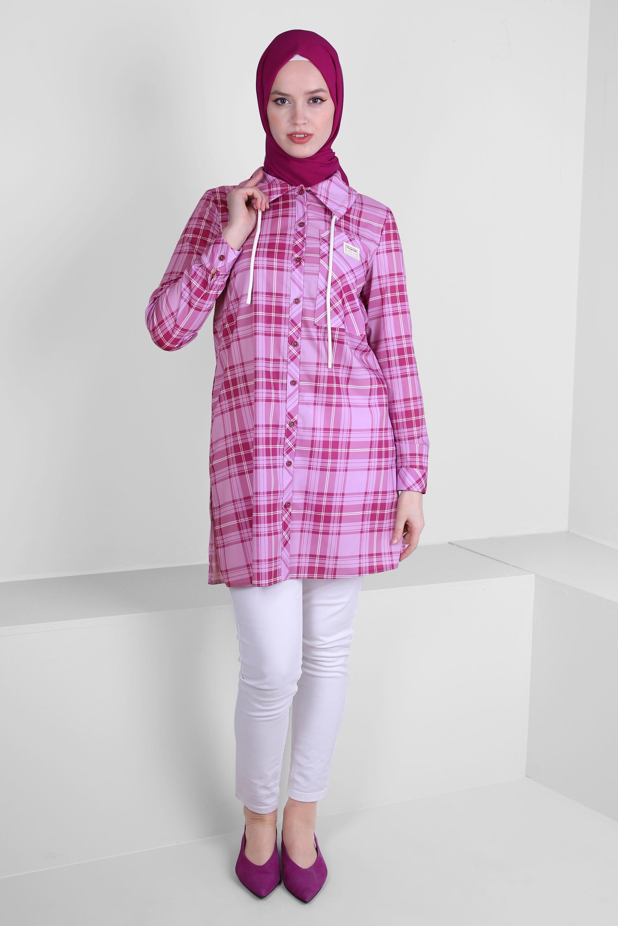 Tesettür giyim FUŞYA EKOSE DESENLİ YAKASI BAĞCIKLI GÖMLEK TUNİK 43702 
