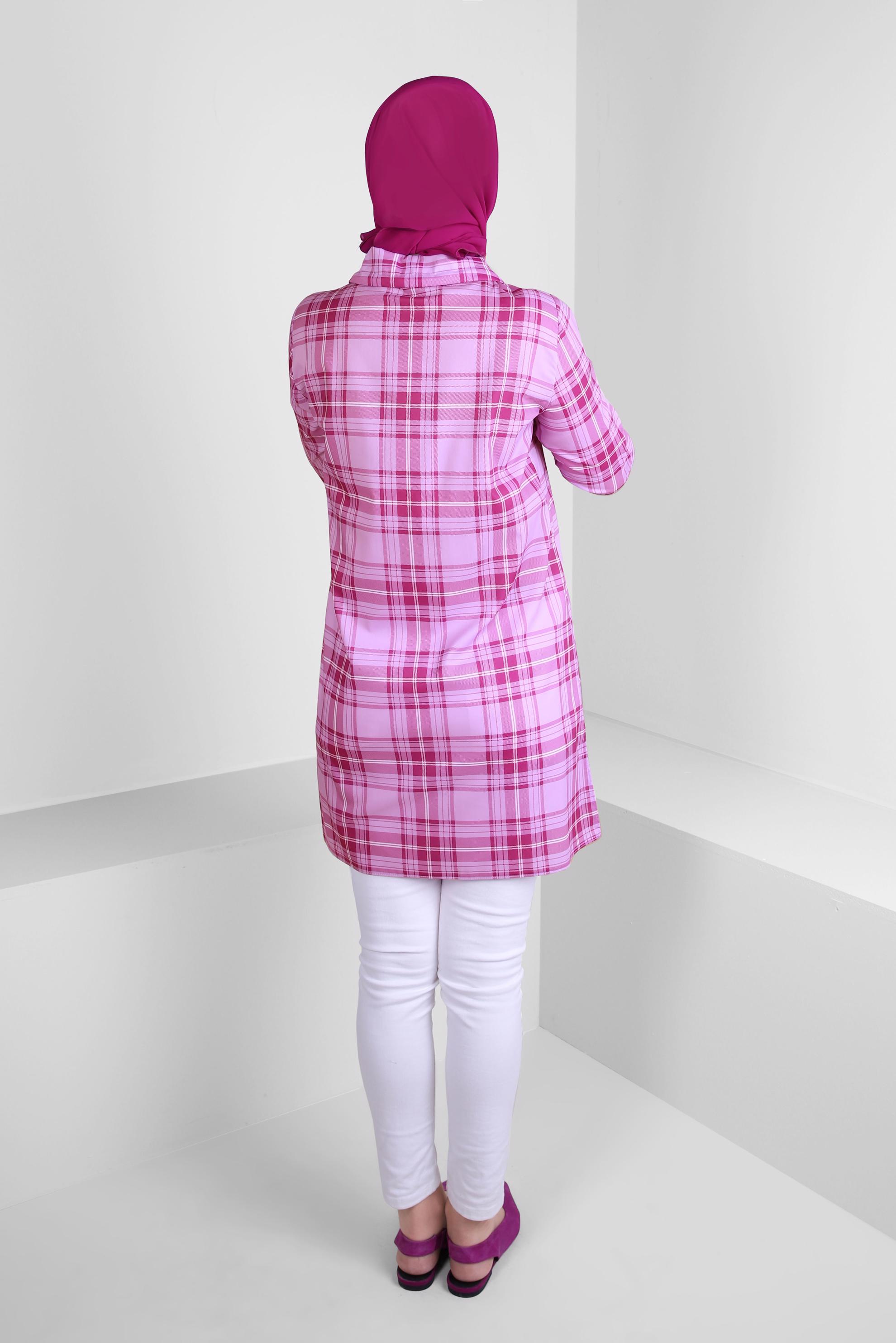 Tesettür giyim FUŞYA EKOSE DESENLİ YAKASI BAĞCIKLI GÖMLEK TUNİK 43702 