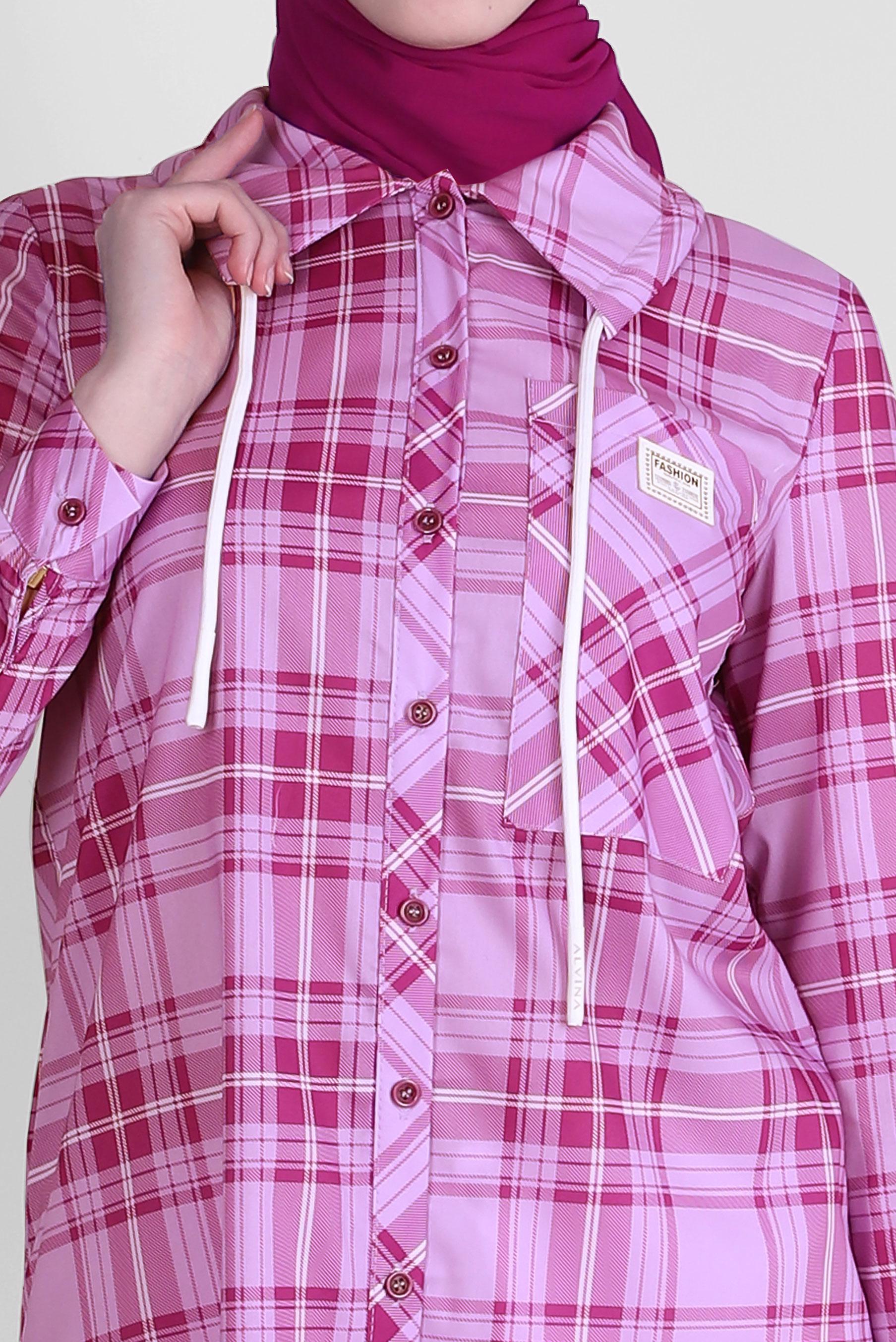 Tesettür giyim FUŞYA EKOSE DESENLİ YAKASI BAĞCIKLI GÖMLEK TUNİK 43702 