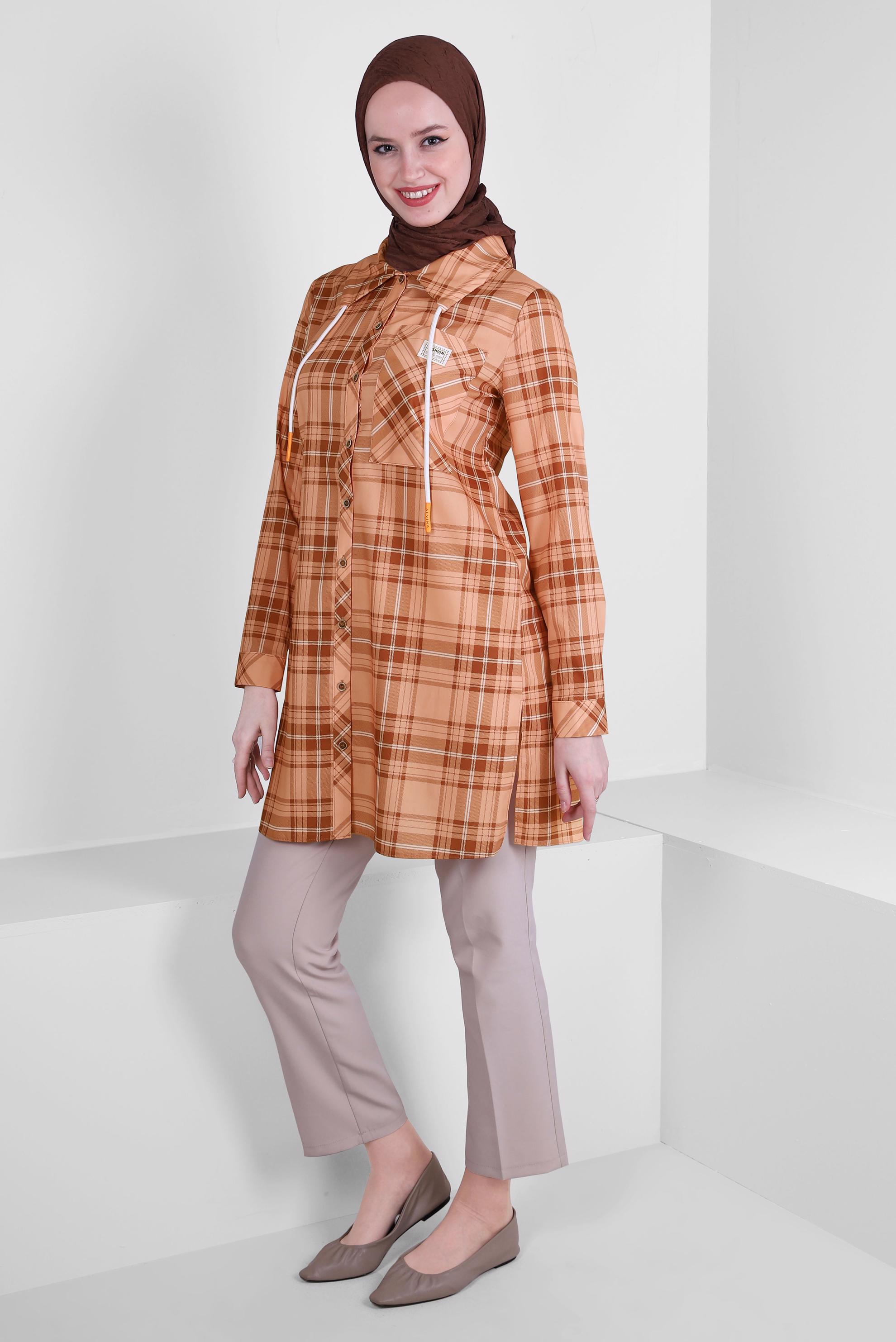 Tesettür giyim KAHVE EKOSE DESENLİ YAKASI BAĞCIKLI GÖMLEK TUNİK 43702 