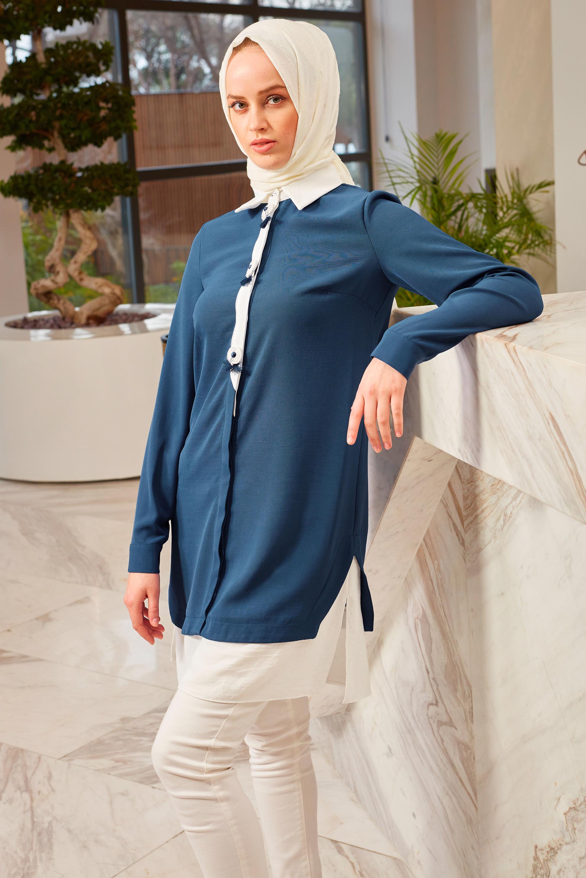 Tesettür giyim LACİVERT GÖMLEK YAKA AKSESUAR DETAYLI TUNİK 43703