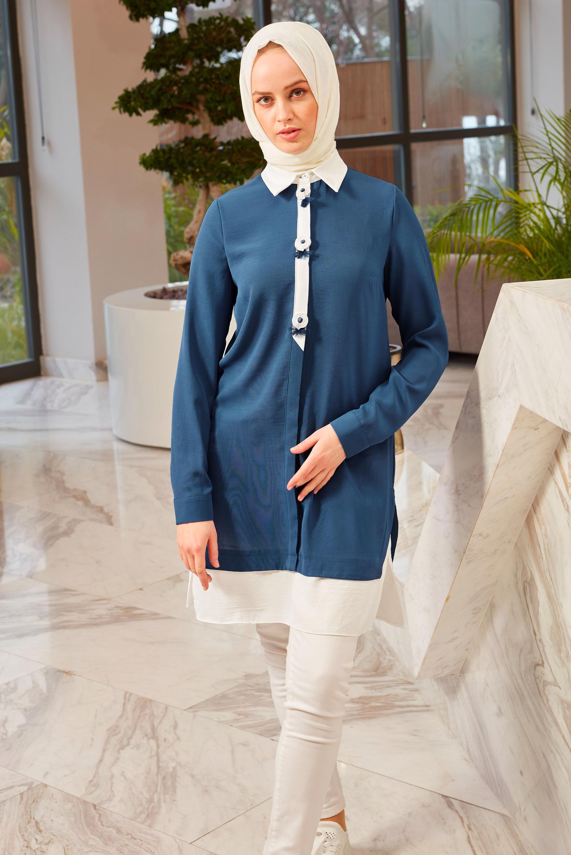 Tesettür giyim LACİVERT GÖMLEK YAKA AKSESUAR DETAYLI TUNİK 43703