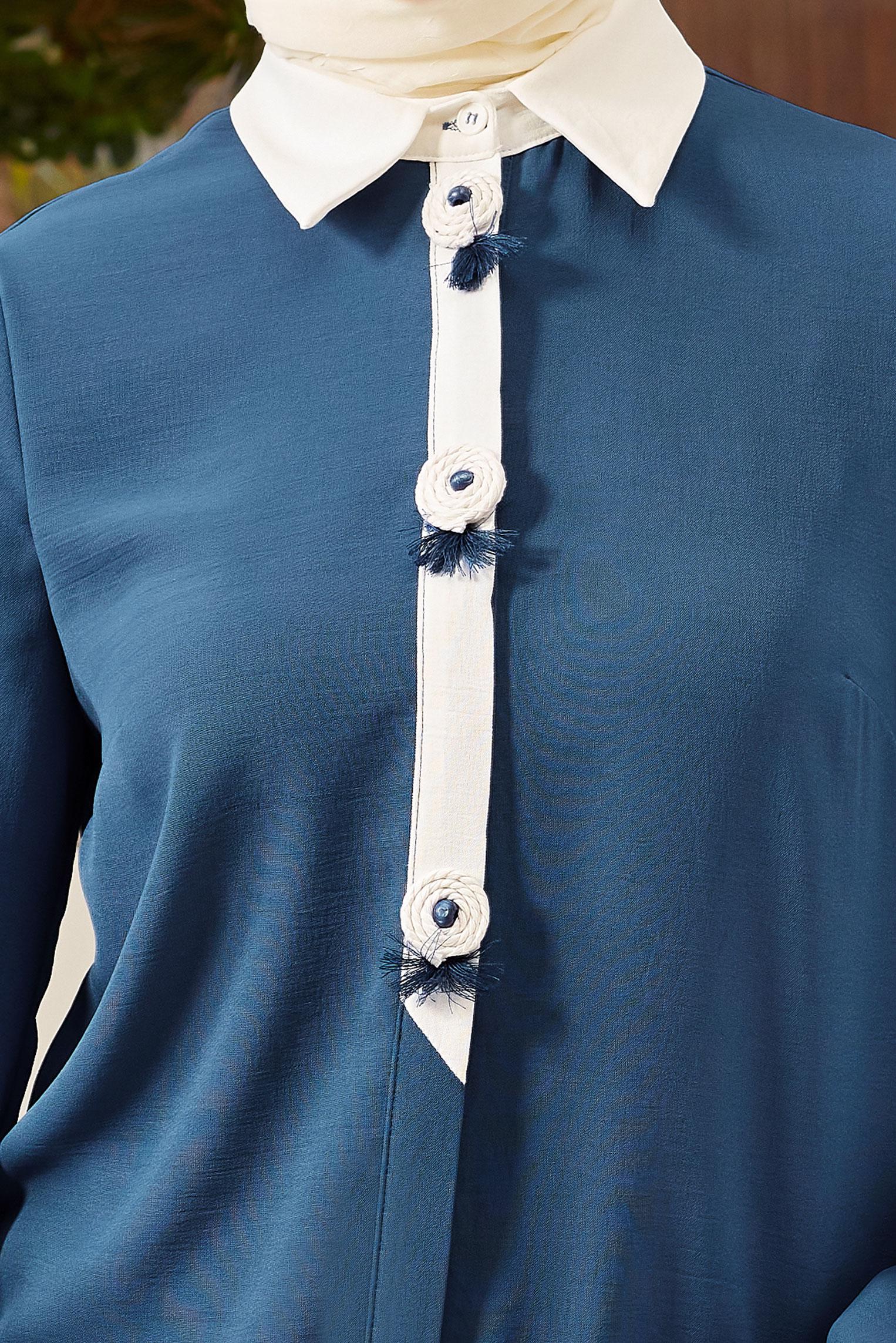 Tesettür giyim LACİVERT GÖMLEK YAKA AKSESUAR DETAYLI TUNİK 43703