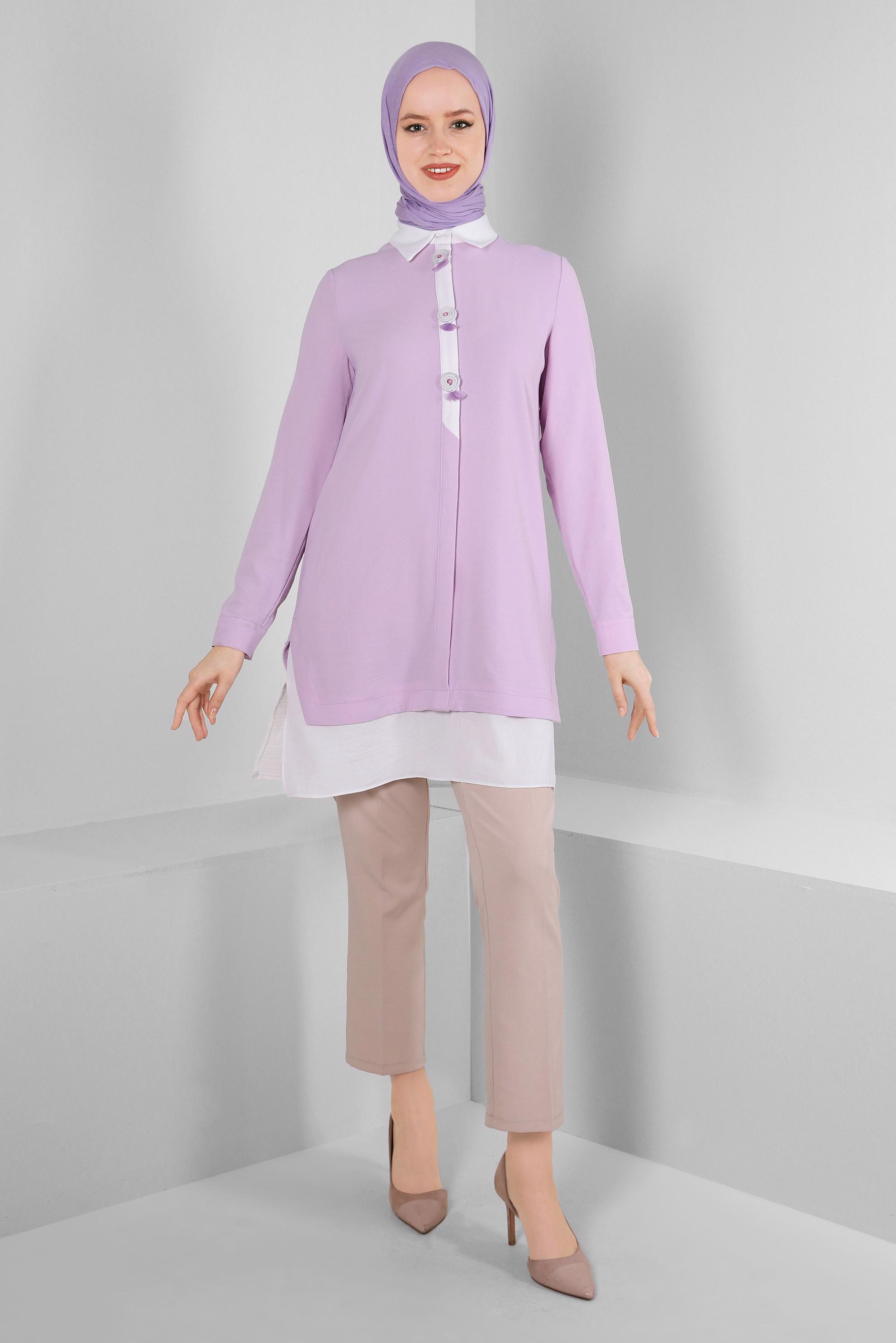 Tesettür giyim MOR GÖMLEK YAKA AKSESUAR DETAYLI TUNİK 43703