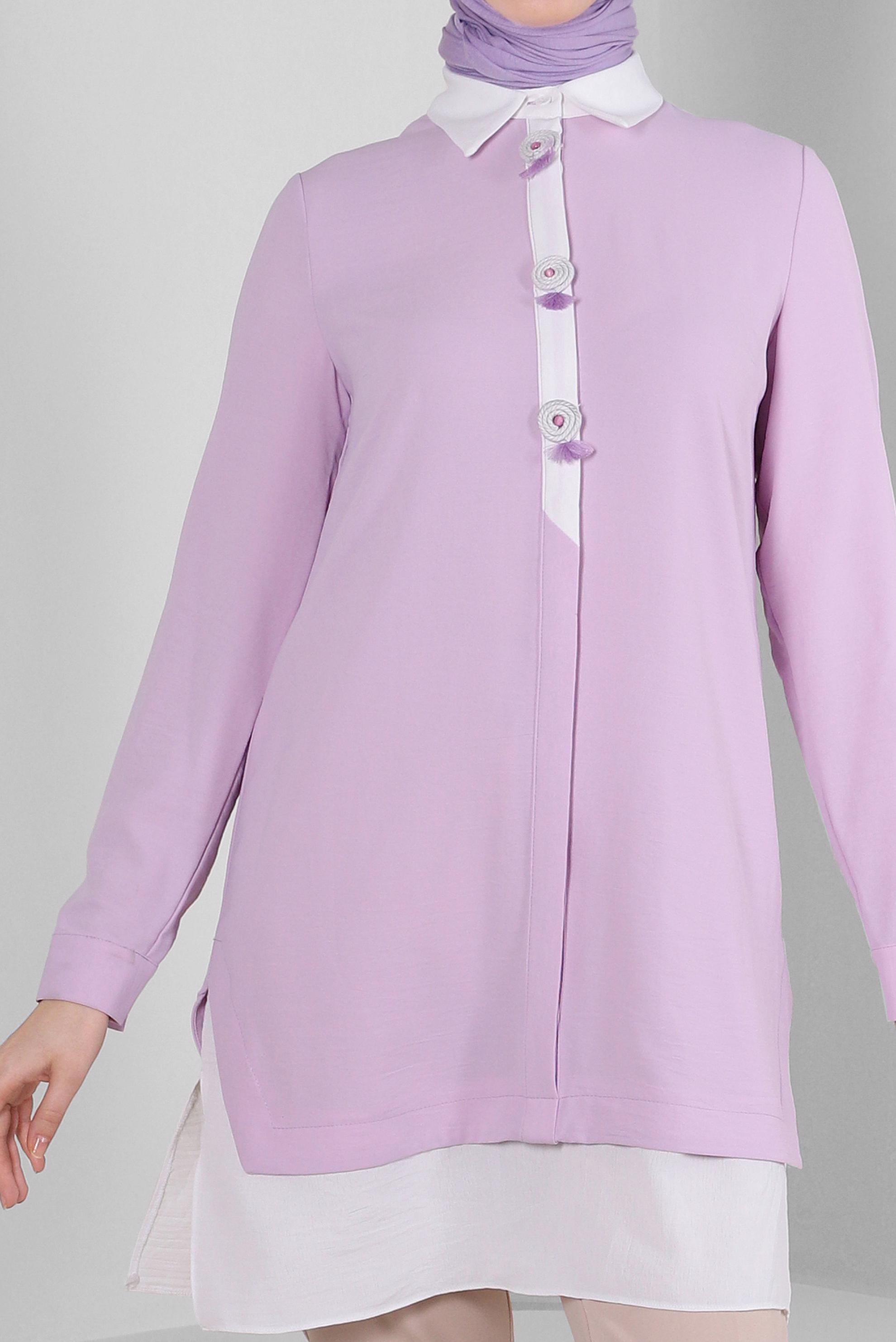 Tesettür giyim MOR GÖMLEK YAKA AKSESUAR DETAYLI TUNİK 43703