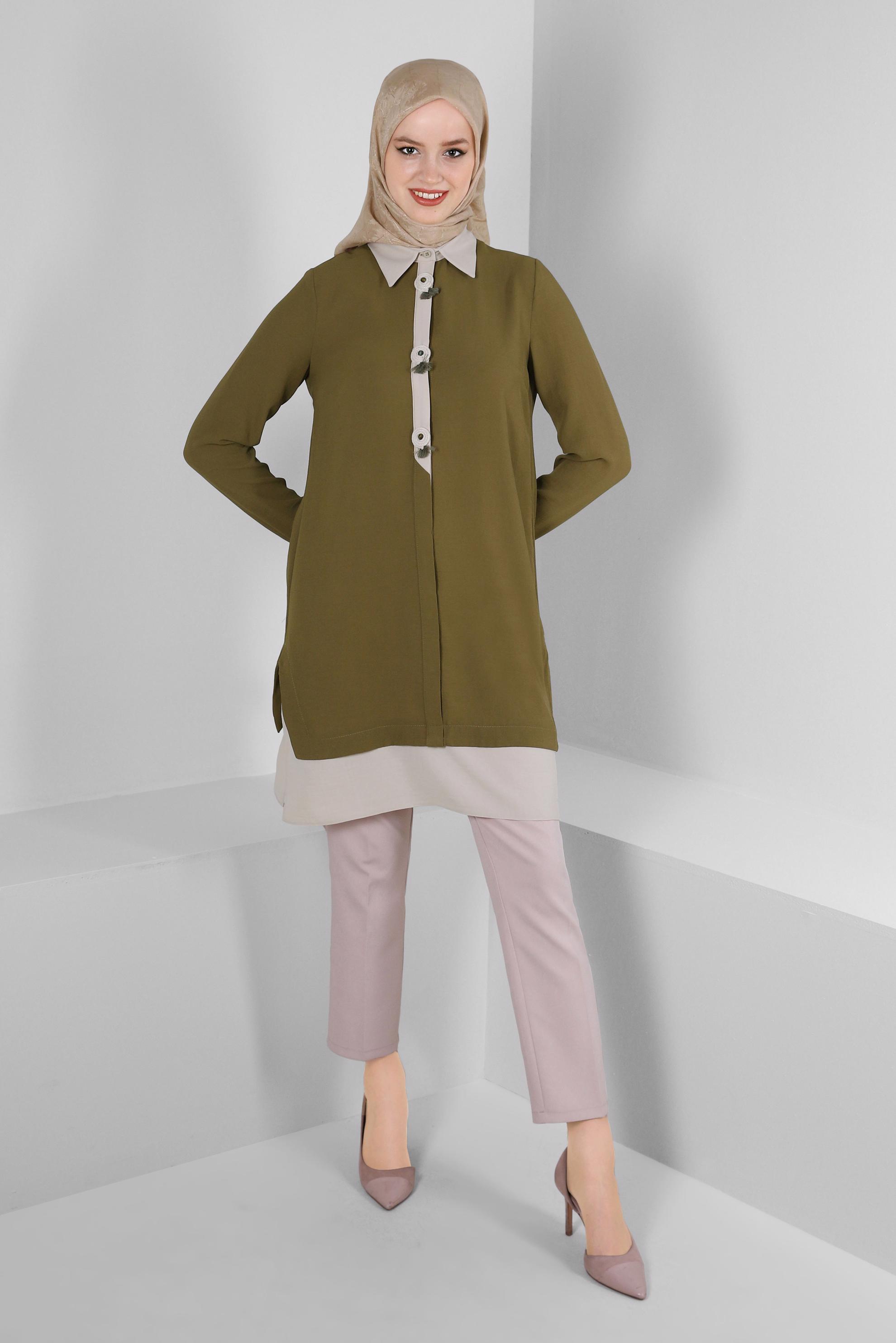 Tesettür giyim YEŞİL GÖMLEK YAKA AKSESUAR DETAYLI TUNİK 43703