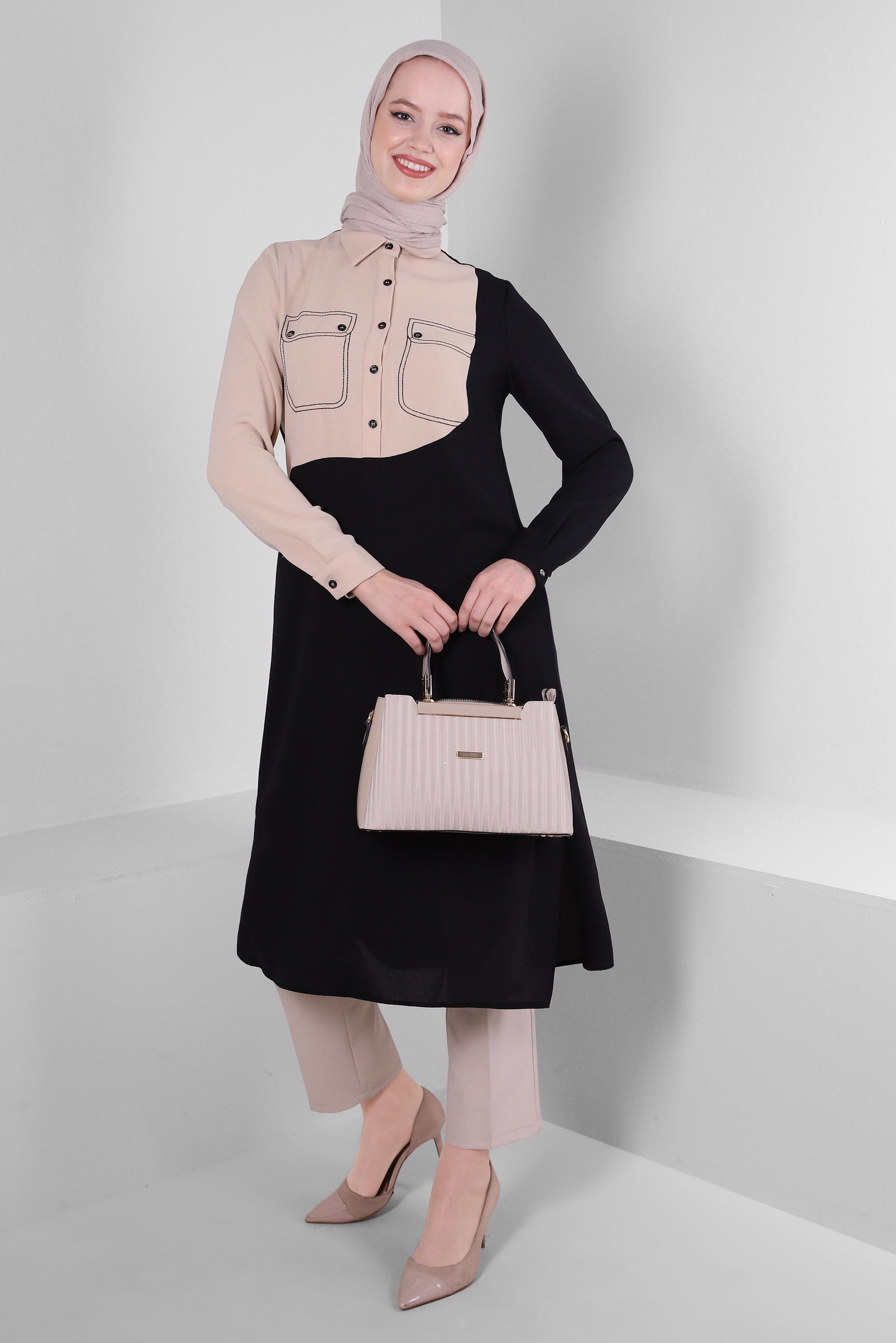 Tesettür giyim SİYAH GÖMLEK YAKA DÜĞME DETAYLI TUNİK 43704