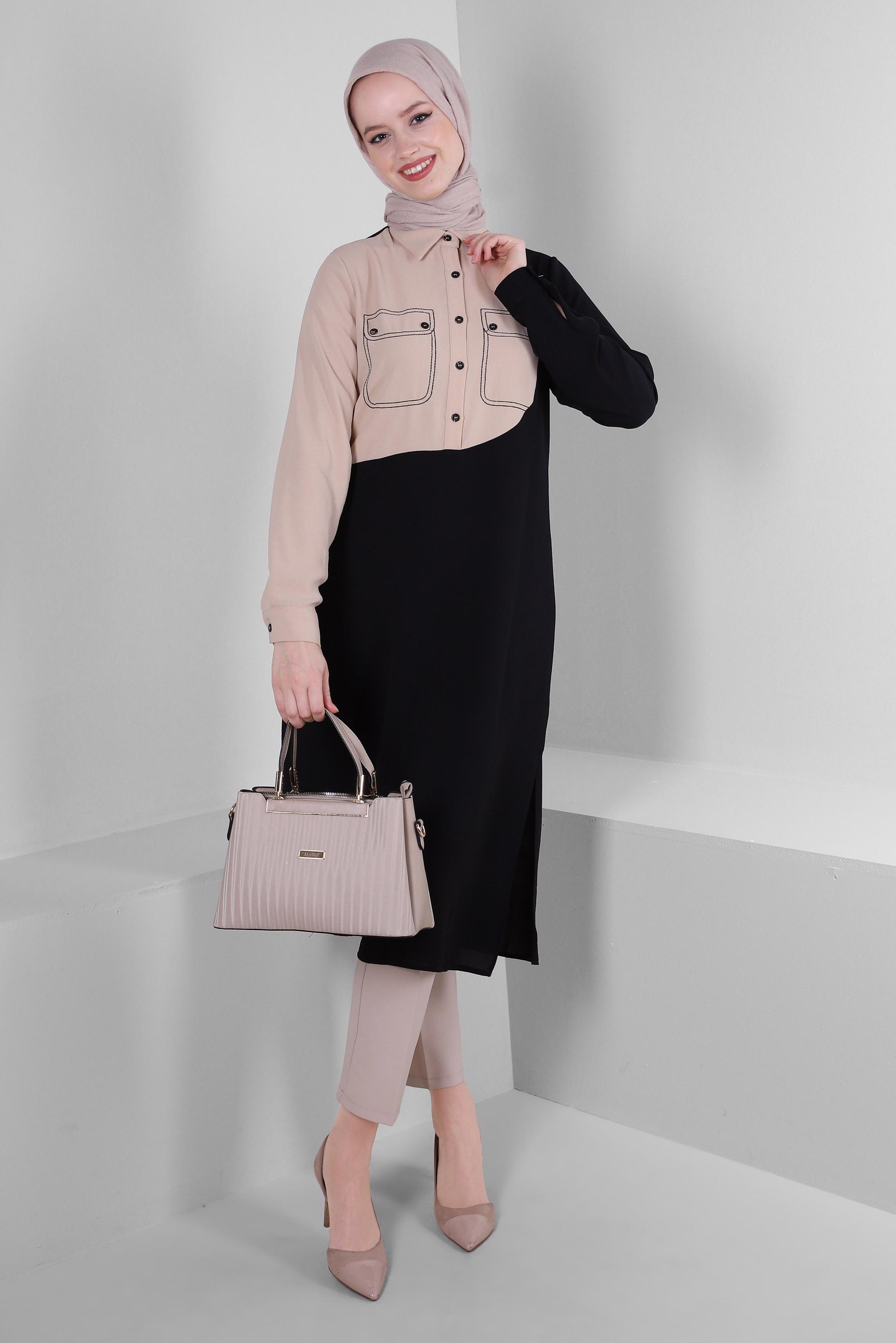 Tesettür giyim SİYAH GÖMLEK YAKA DÜĞME DETAYLI TUNİK 43704