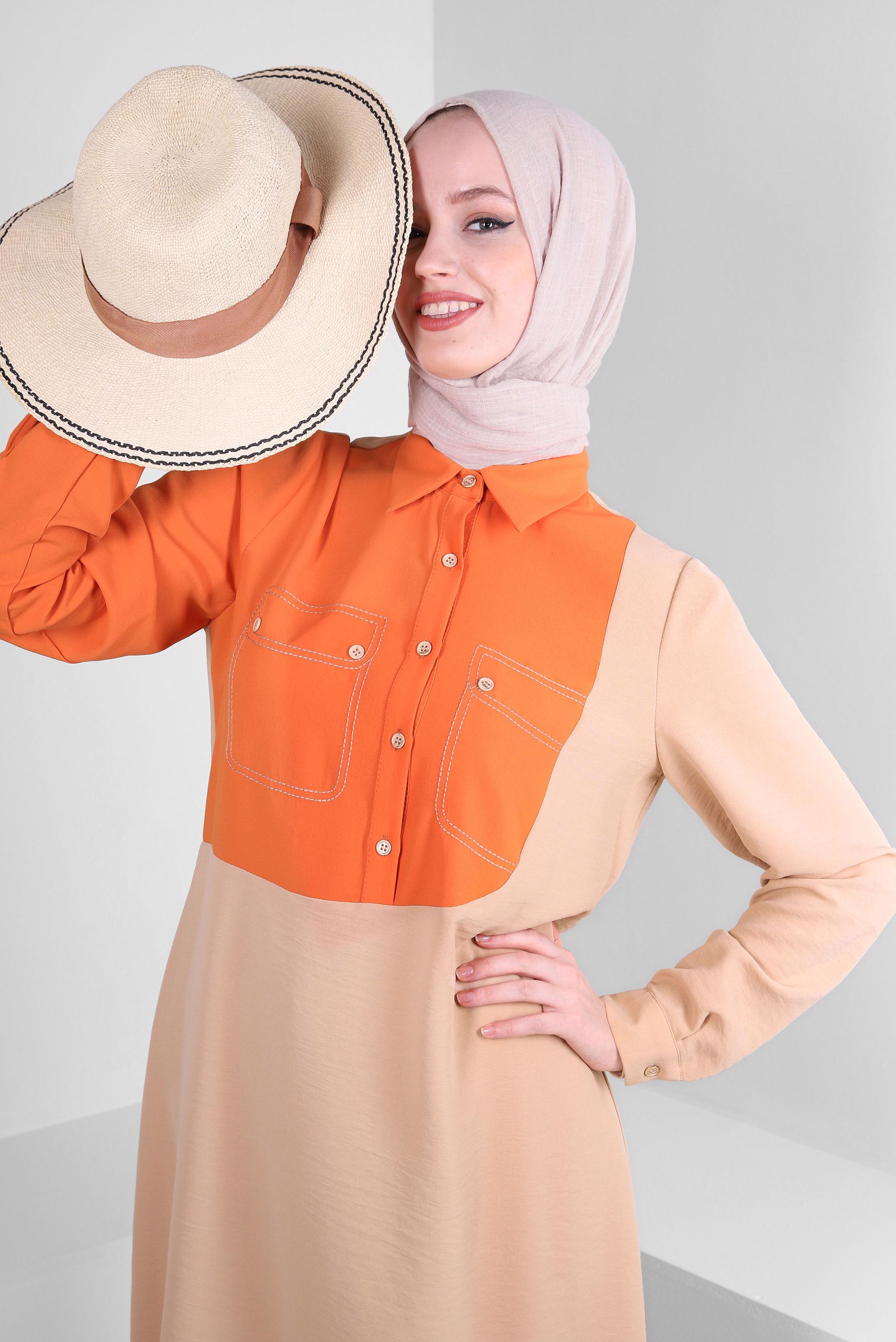 Tesettür giyim BEJ GÖMLEK YAKA DÜĞME DETAYLI TUNİK 43704