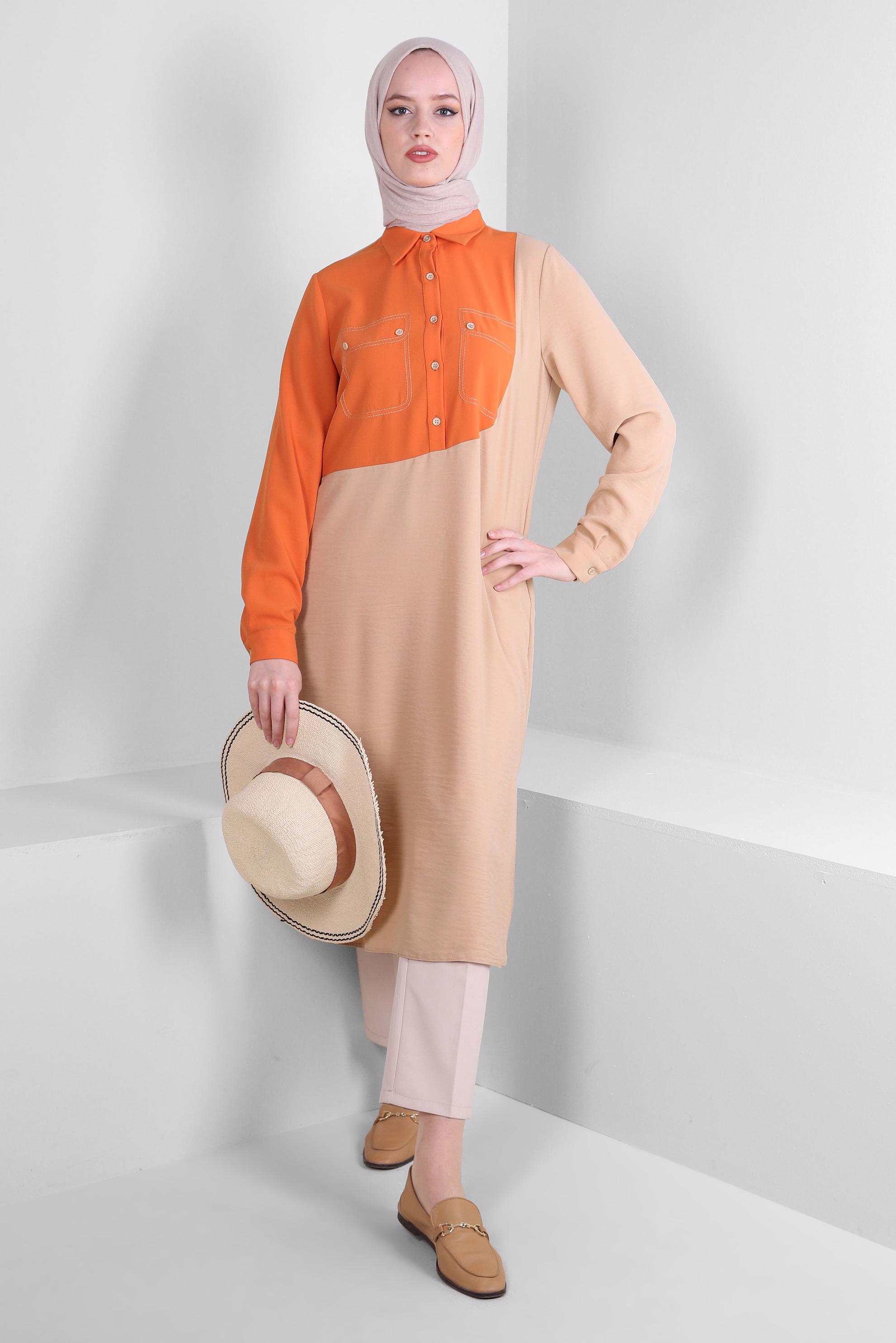 Tesettür giyim BEJ GÖMLEK YAKA DÜĞME DETAYLI TUNİK 43704