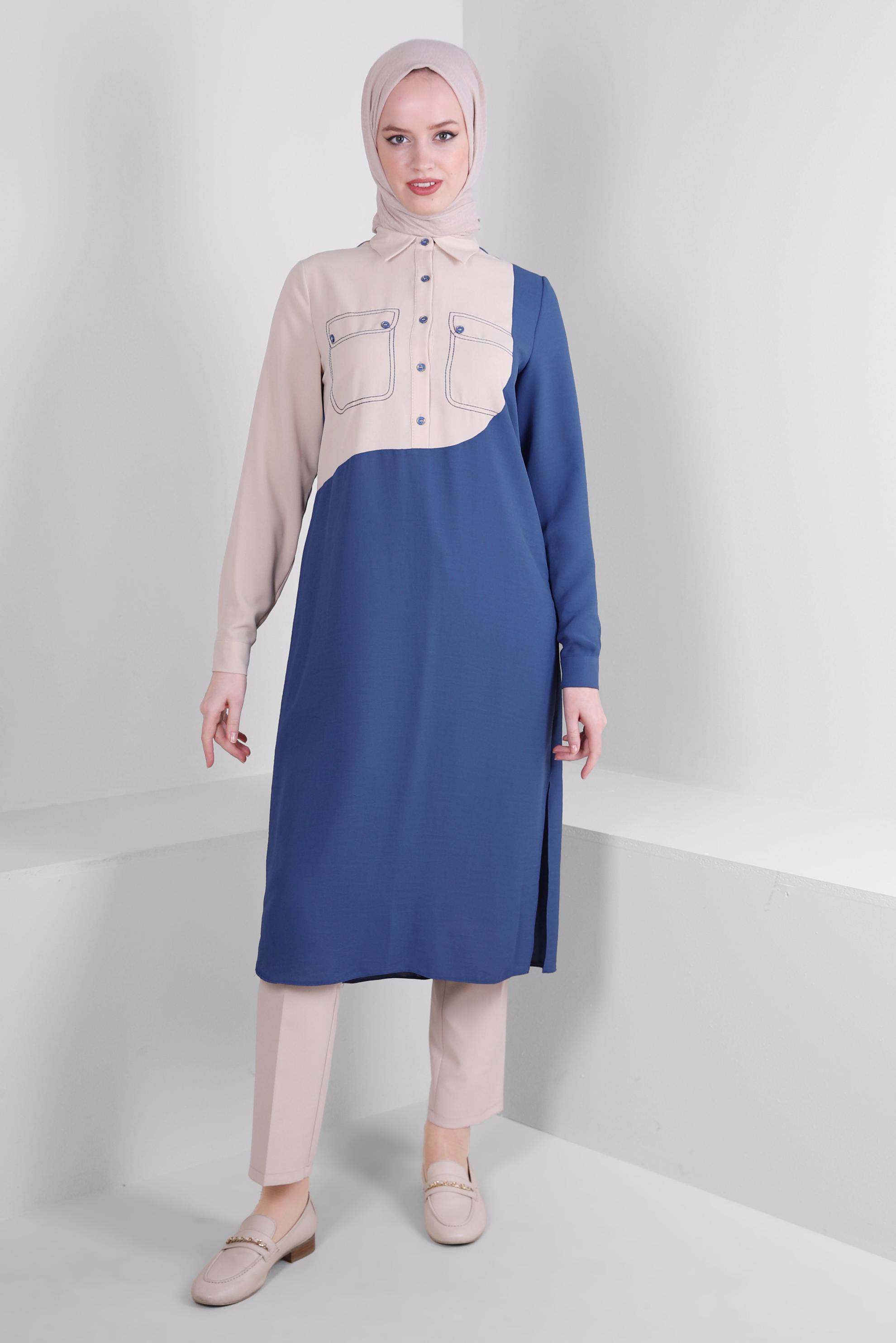 Tesettür giyim LACİVERT GÖMLEK YAKA DÜĞME DETAYLI TUNİK 43704