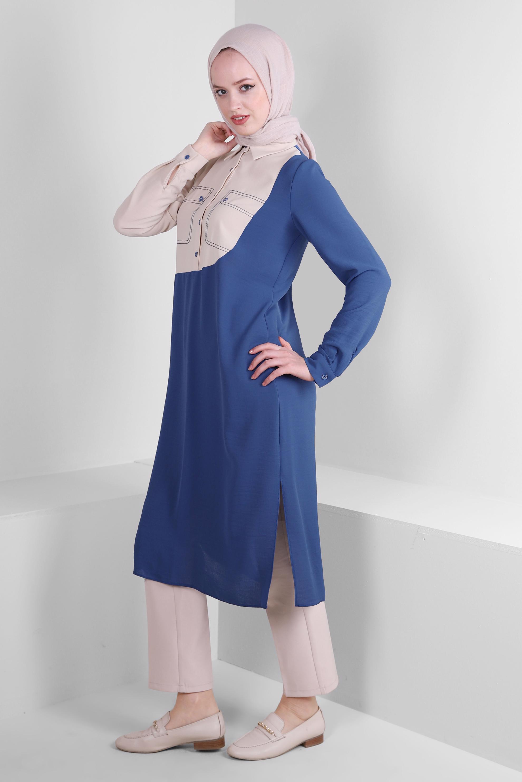 Tesettür giyim LACİVERT GÖMLEK YAKA DÜĞME DETAYLI TUNİK 43704