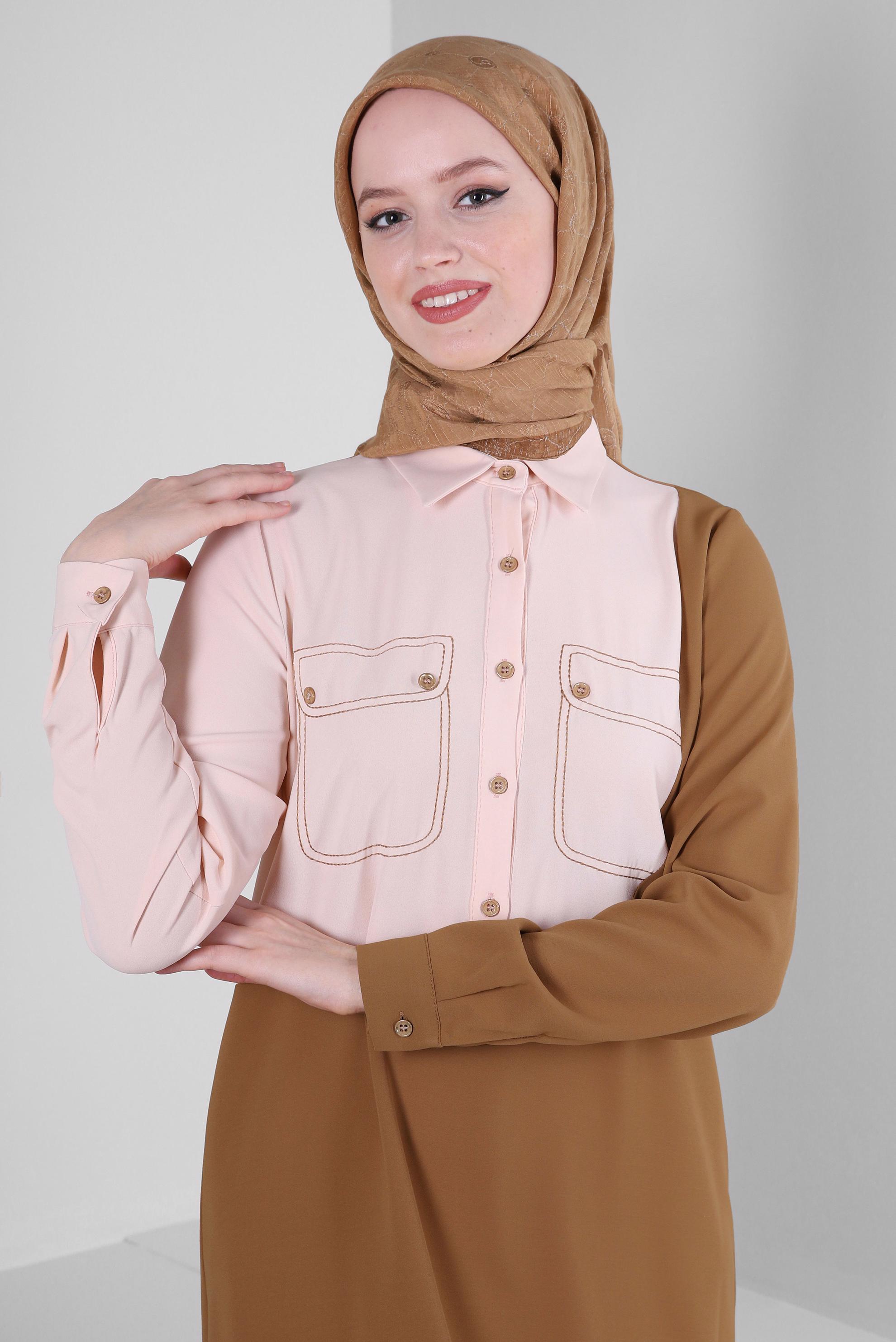 Tesettür giyim SARI GÖMLEK YAKA DÜĞME DETAYLI TUNİK 43704