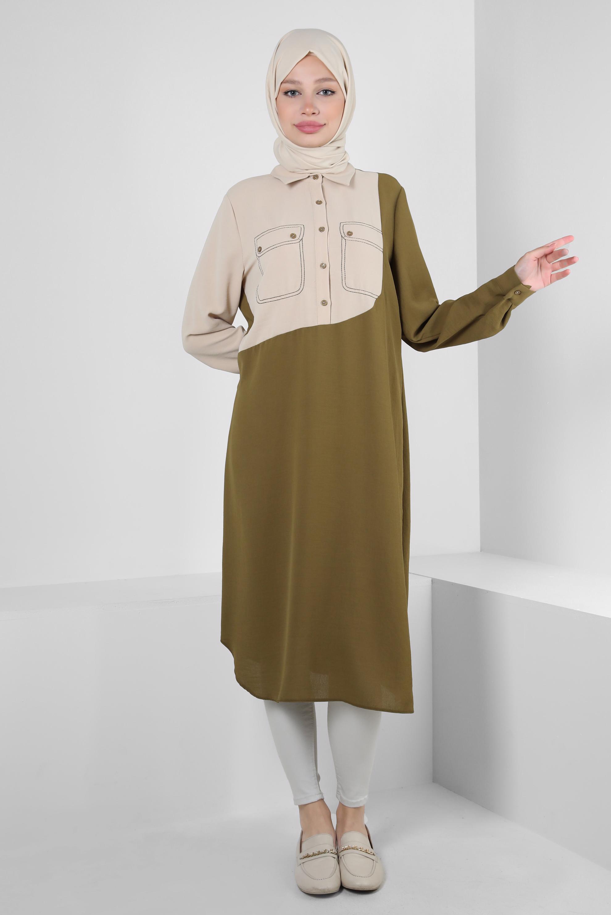 Tesettür giyim YEŞİL GÖMLEK YAKA DÜĞME DETAYLI TUNİK 43704