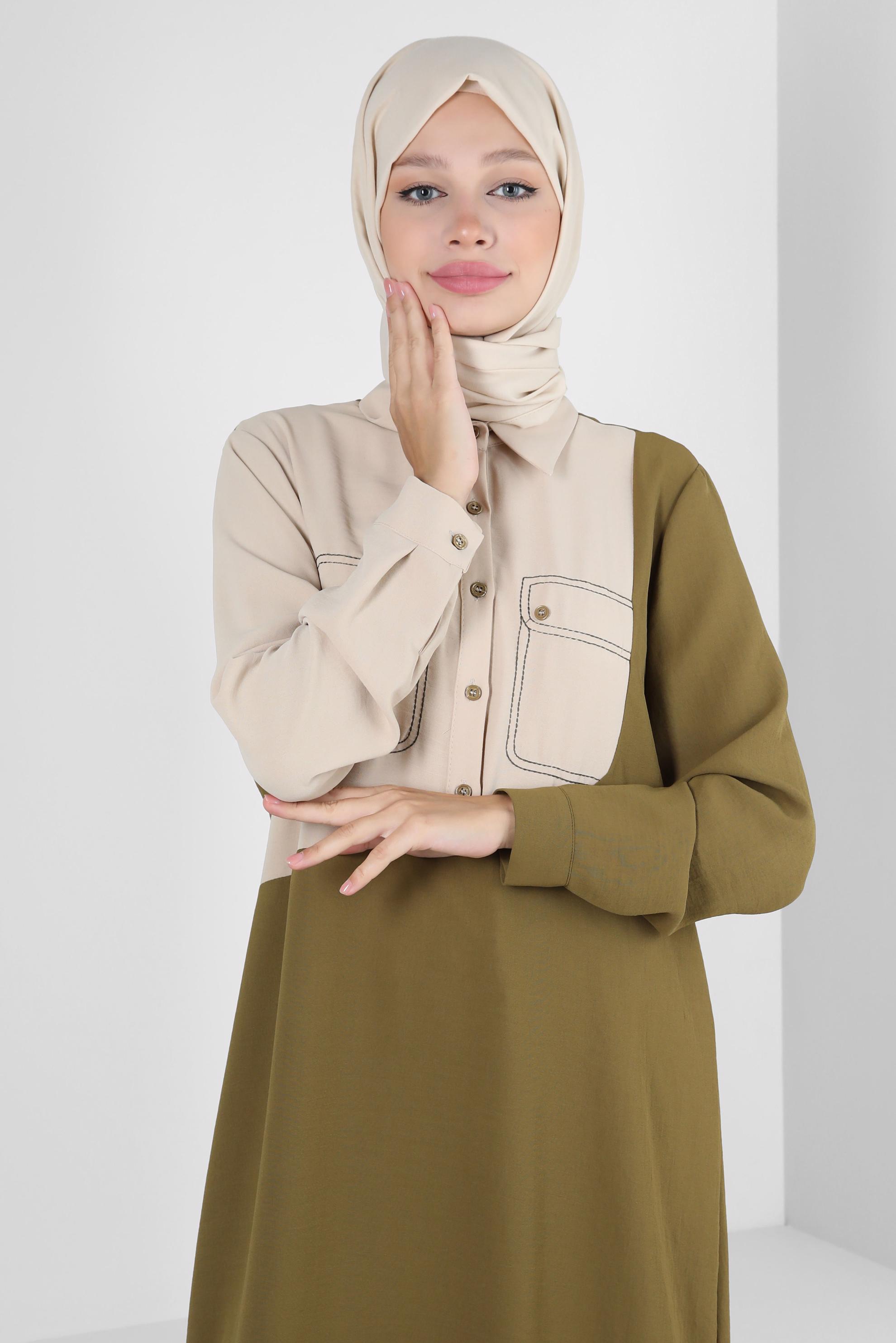 Tesettür giyim YEŞİL GÖMLEK YAKA DÜĞME DETAYLI TUNİK 43704