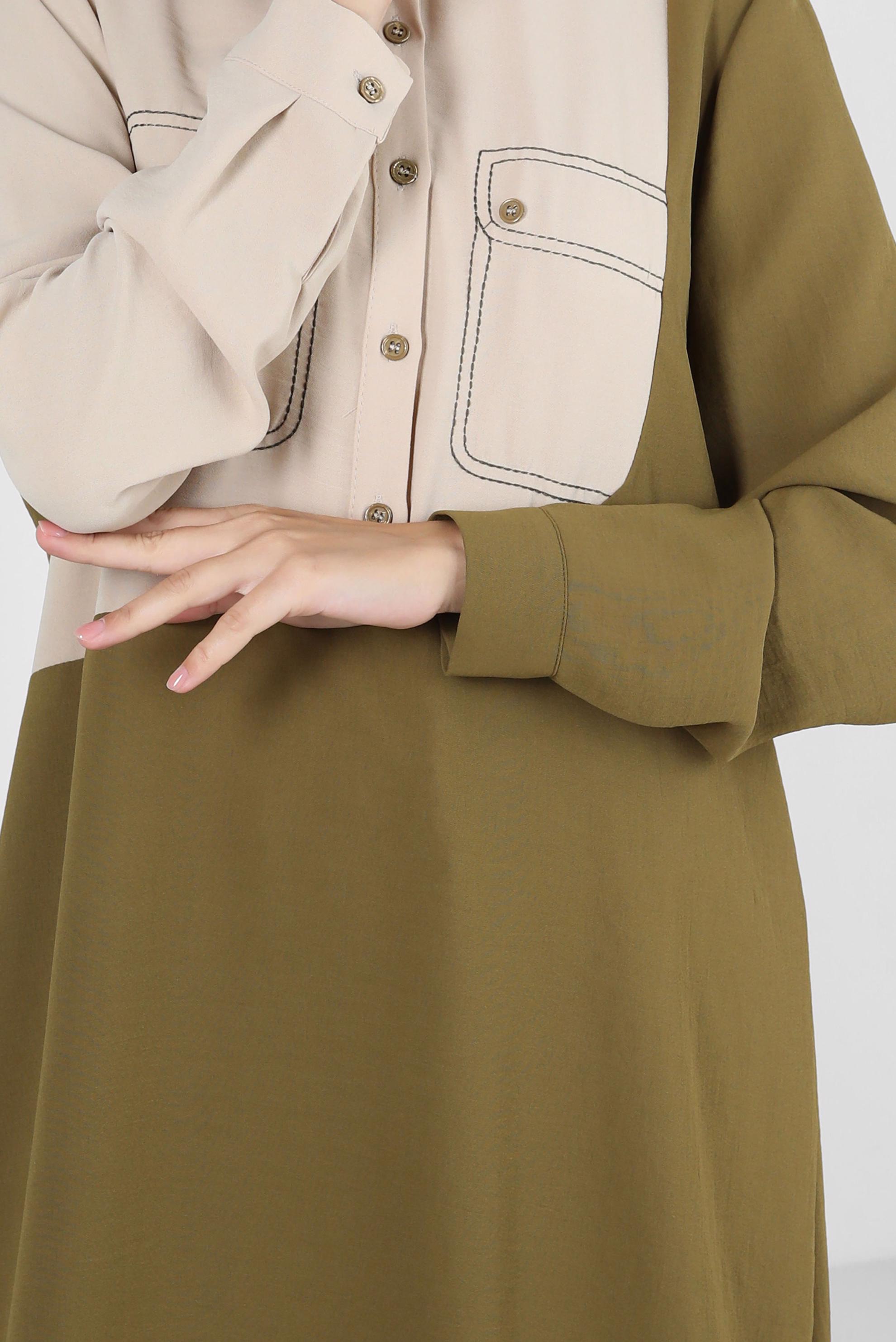 Tesettür giyim YEŞİL GÖMLEK YAKA DÜĞME DETAYLI TUNİK 43704