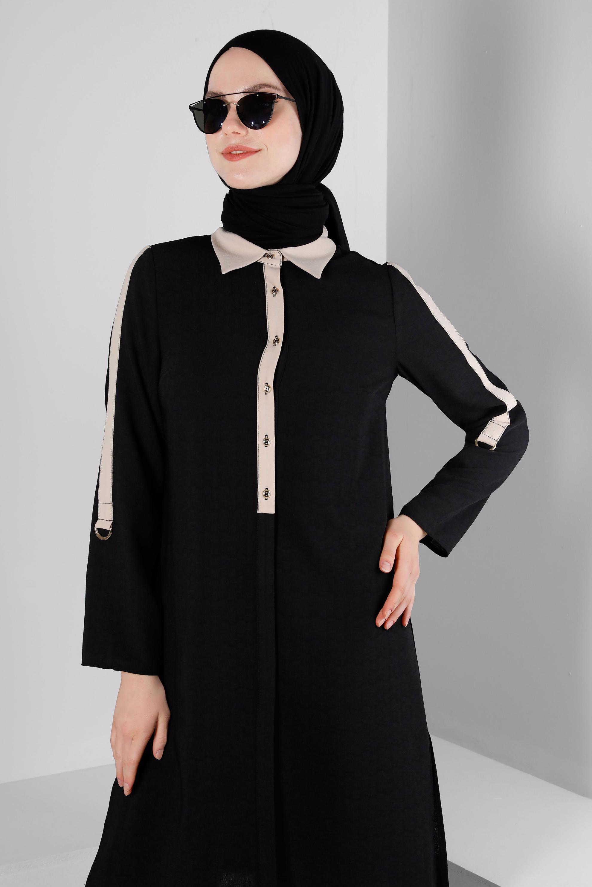 Tesettür giyim SİYAH GÖMLEK YAKA DÜĞMELİ TUNİK 43705
