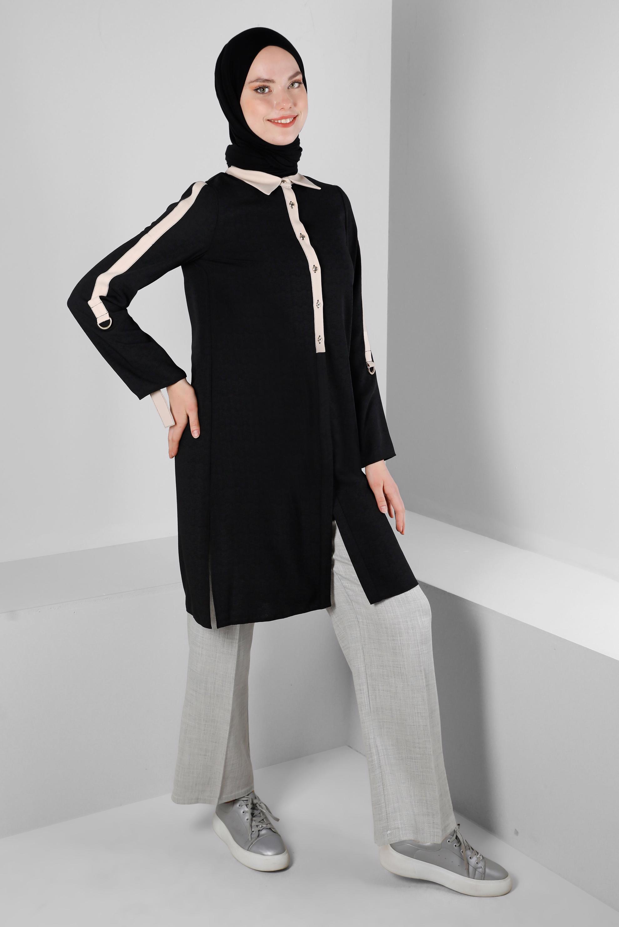 Tesettür giyim SİYAH GÖMLEK YAKA DÜĞMELİ TUNİK 43705