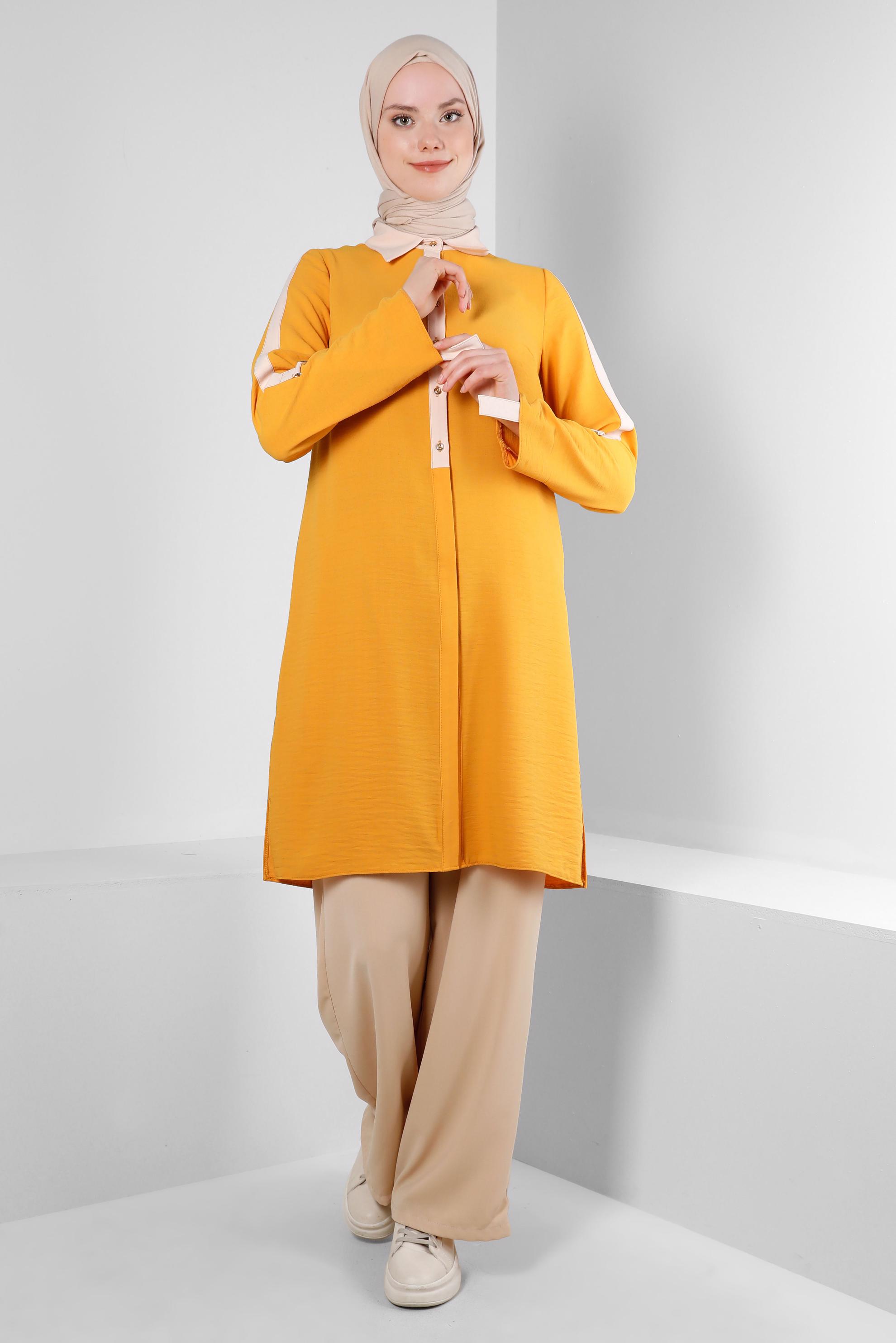 Tesettür giyim SARI GÖMLEK YAKA DÜĞMELİ TUNİK 43705