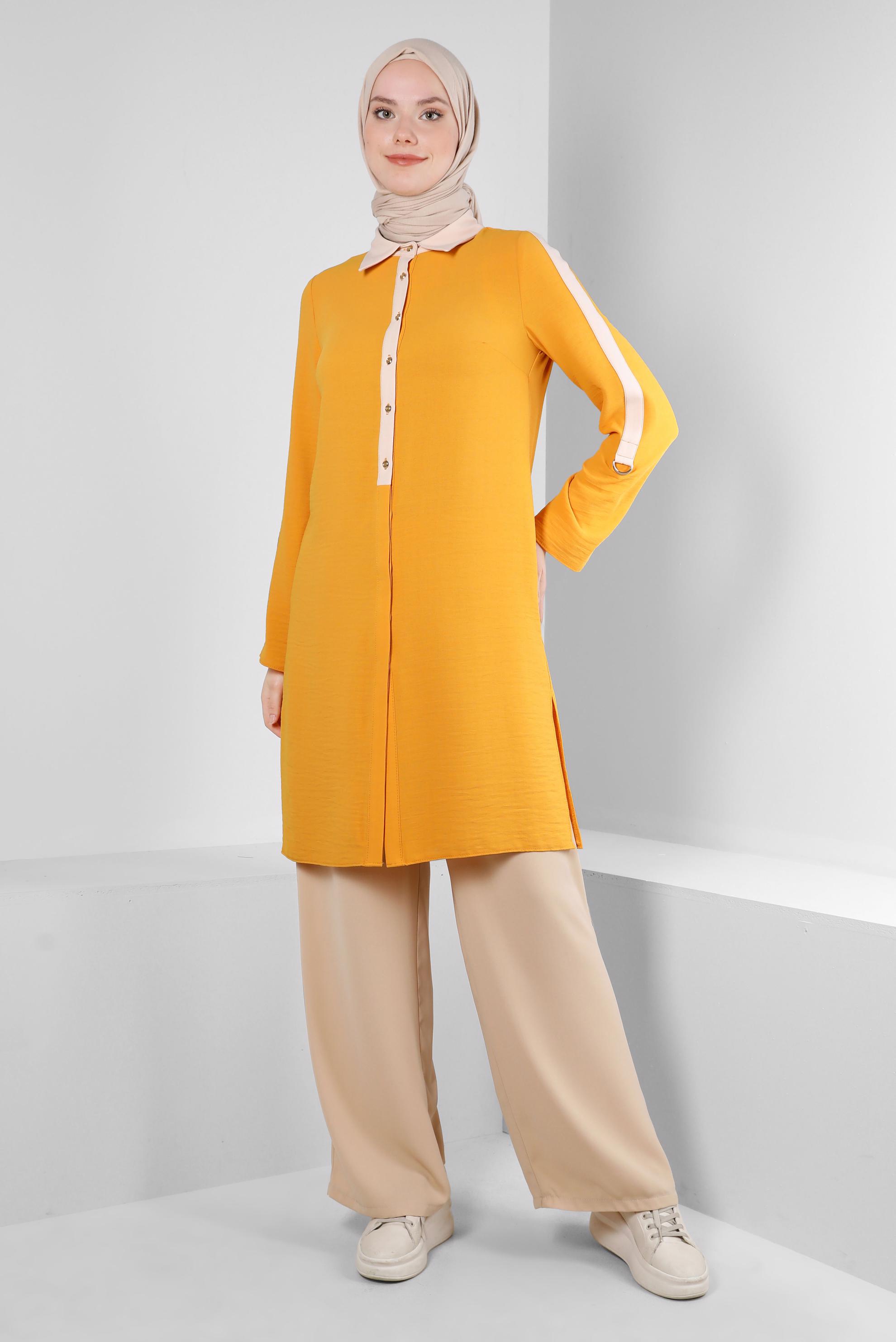 Tesettür giyim SARI GÖMLEK YAKA DÜĞMELİ TUNİK 43705