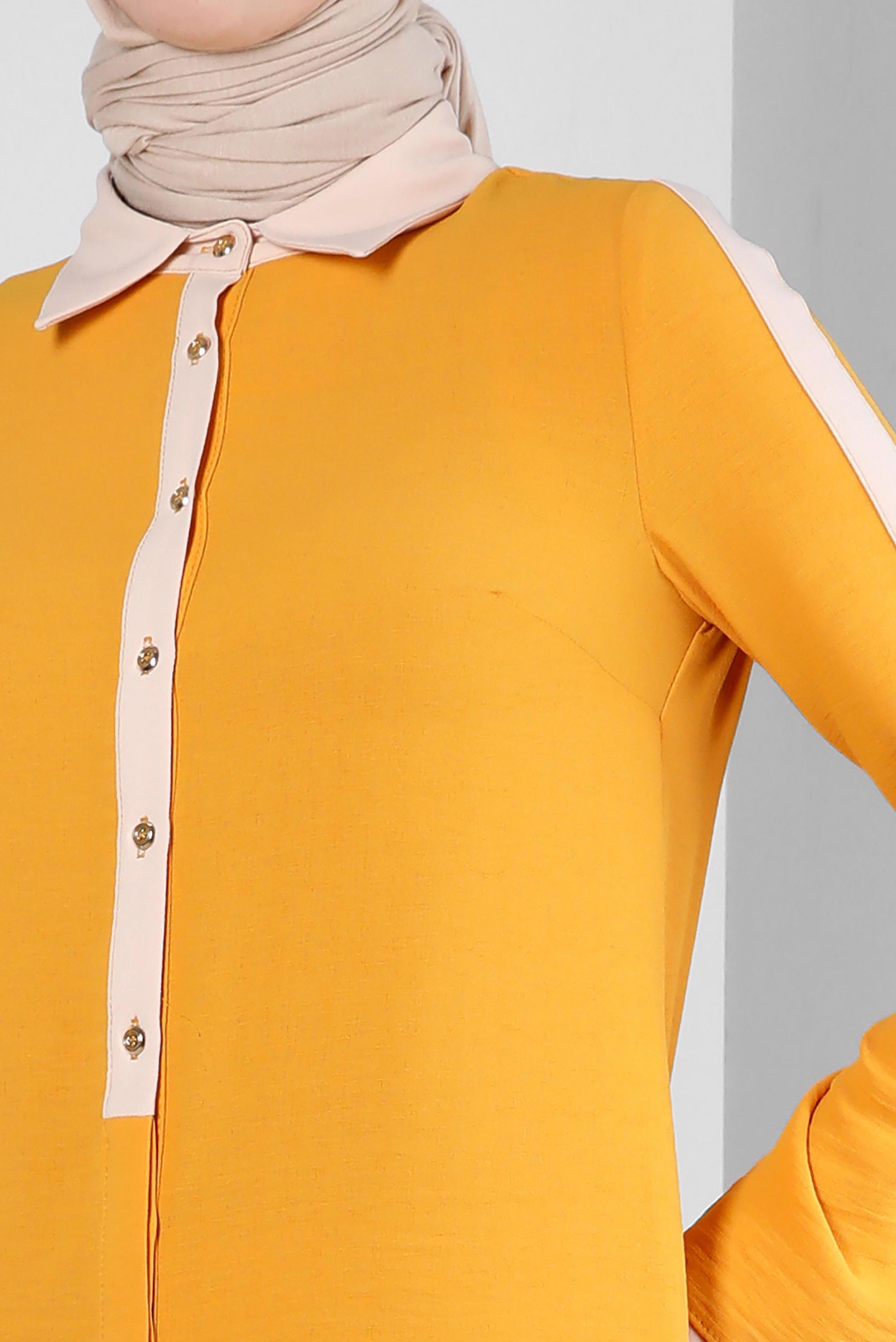 Tesettür giyim SARI GÖMLEK YAKA DÜĞMELİ TUNİK 43705