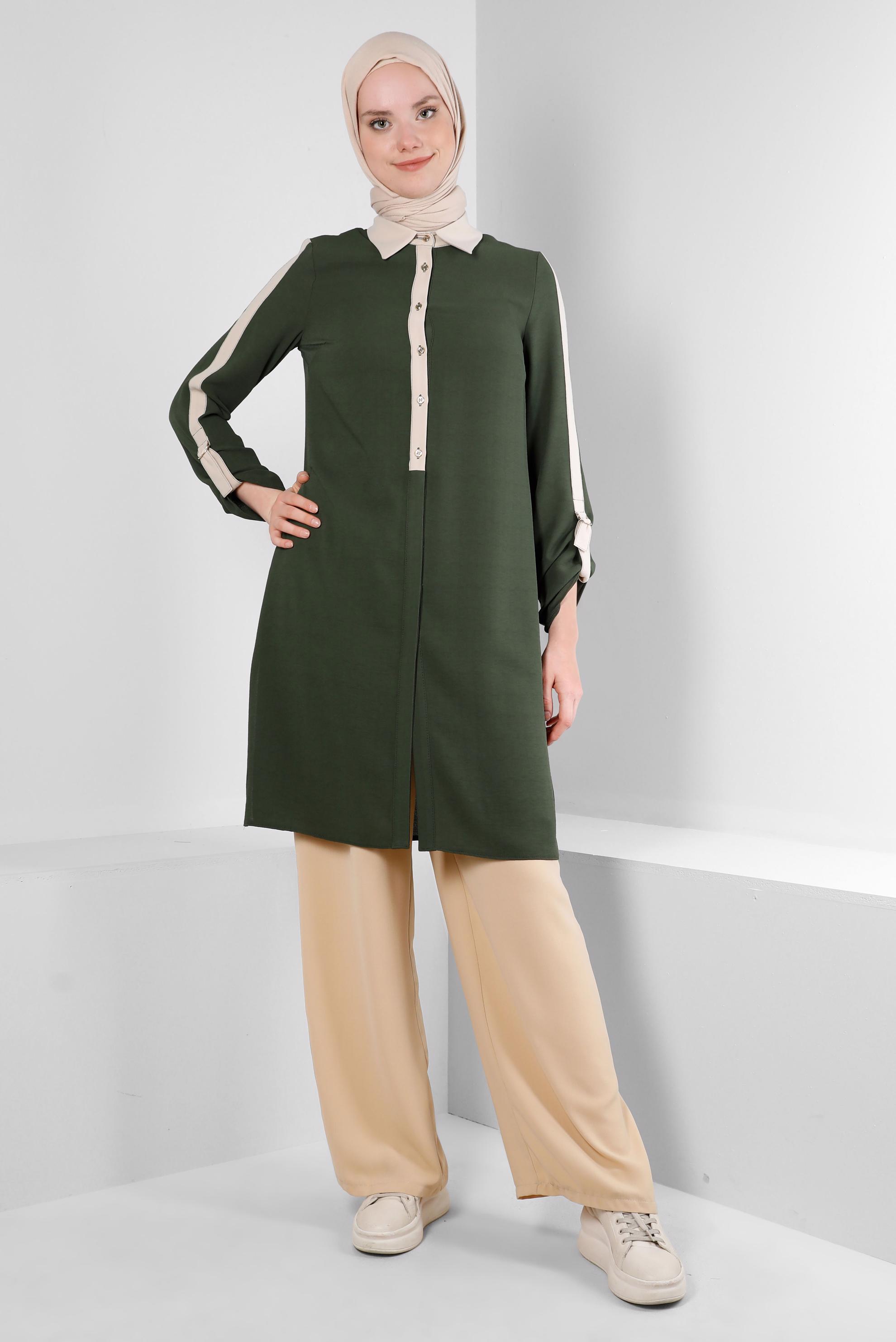 Tesettür giyim HAKİ GÖMLEK YAKA DÜĞMELİ TUNİK 43705